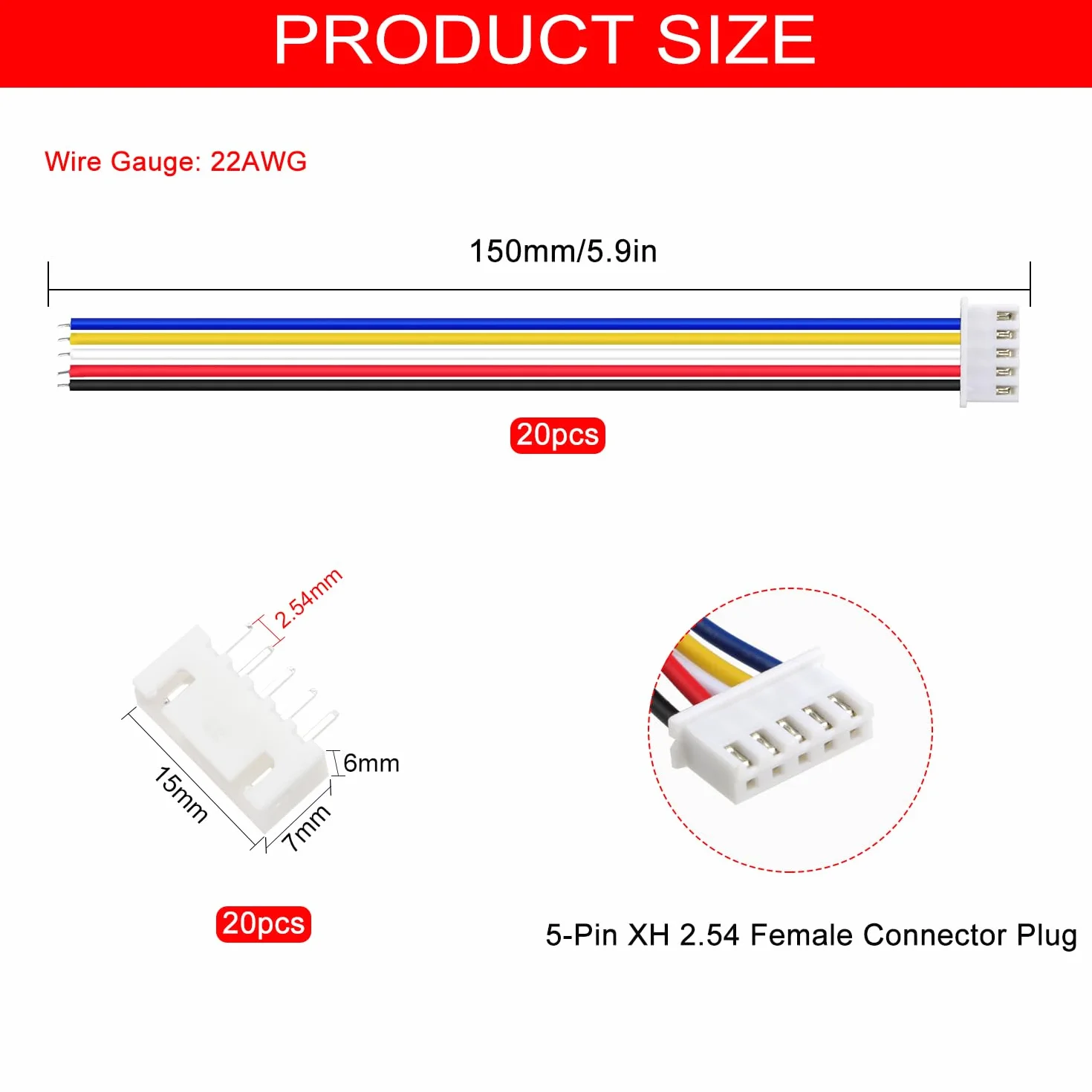 20 Par 5-Pinowych Złączy JST 2.54 XH, Mini Micro 5-Pinowe Złącze Męskie JST z Kablem 150mm 22AWG i Złączem Żeńskim