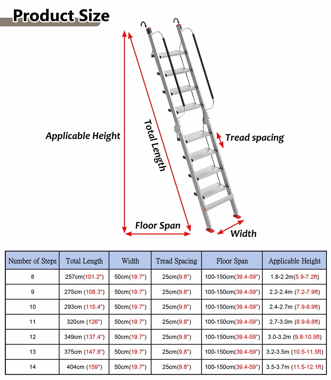 Drabina Strychowa Drabina Strychowa Wewnętrzna, Aluminiowa Drabina Przeciwpożarowa, Srebrna Drabina Ewakuacyjna na Strych, Schody na Strych na Dachu Domu(14 step-404cm(159"))