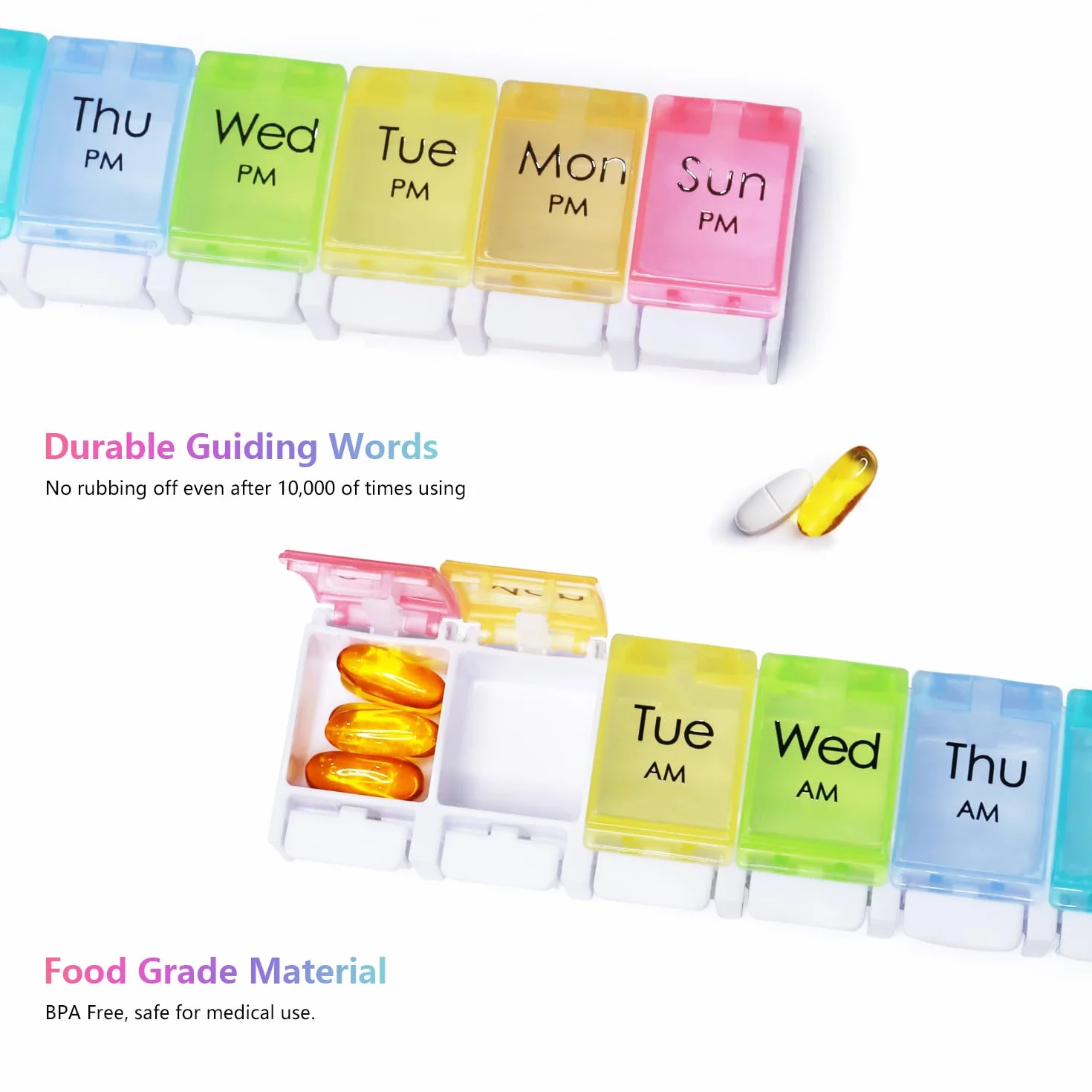 MOLN HYMY 7 Day Pill Organizer AM PM Large Capacity Weekly Pill Box Twice Daily Rainbow Morning Evening Pill Case 14 Dividers BPA-Free Medicine Organizer