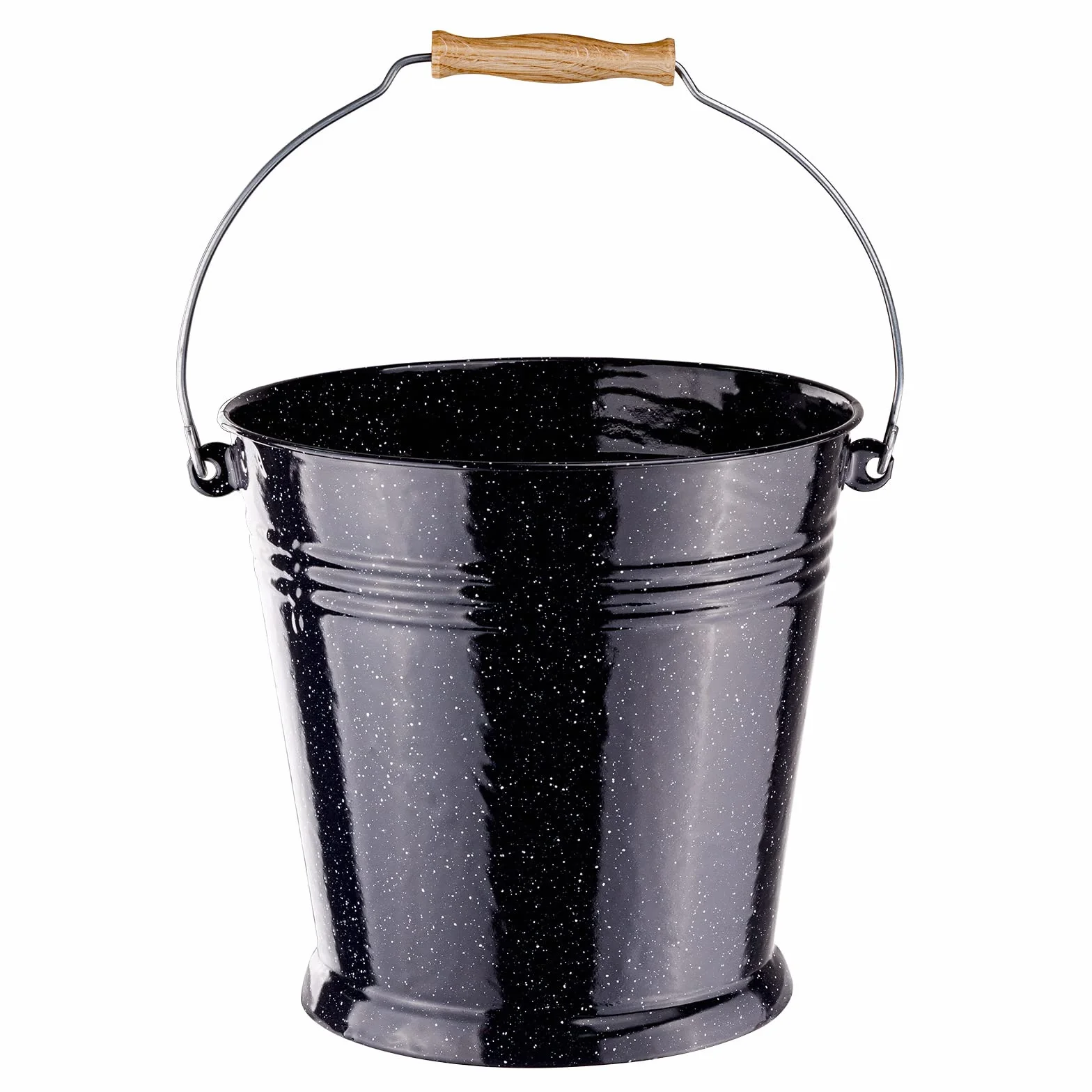Emaliowany kominek, wiadro na popiół, wiadro na węgiel, dekoracja w stylu wiejskim, 10 l, kolor czarny, emaliowany, z drewnianym uchwytem