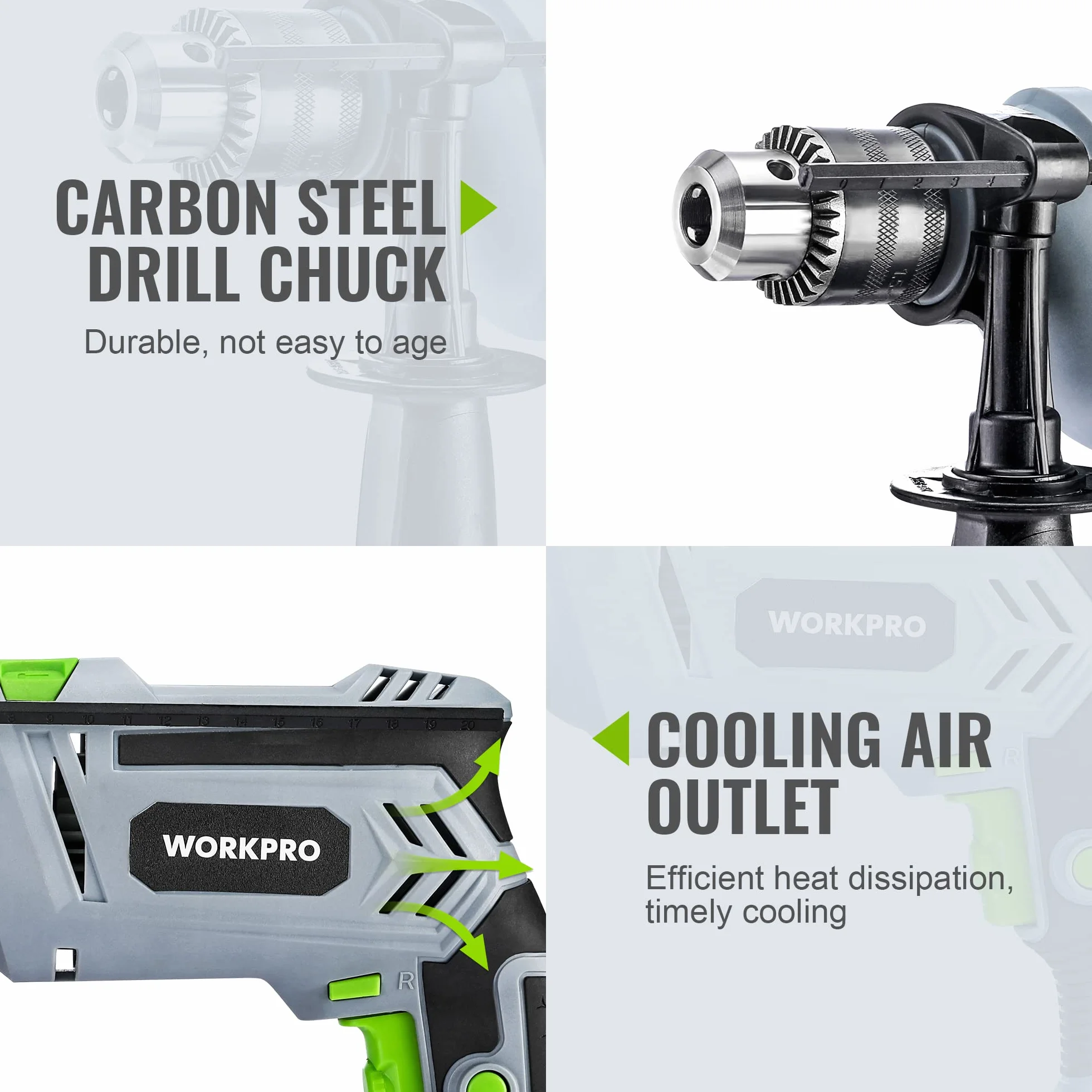 WORKPRO Wiertarka udarowa 850 W, wiertarka 3000 obr./min, młotek i wiertło 2 w 1 z uchwytem obrotowym 360°, uchwyt wiertarski 13 mm, w zestawie 3 wiertła spiralne i 2 wiertła do betonu