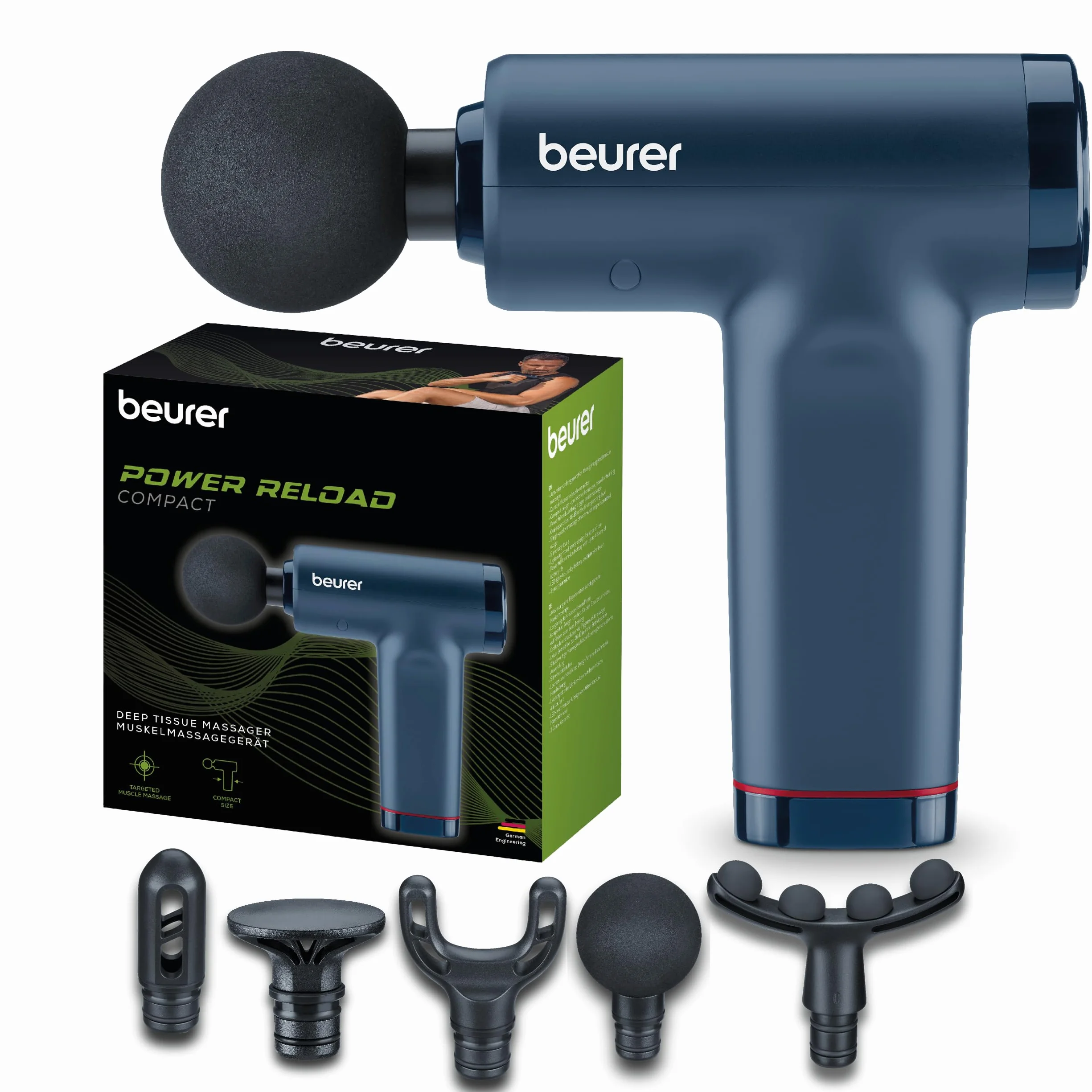 Beurer PowerReload pistolet do masażu, profesjonalny masaż punktów spustowych dla relaksu i regeneracji, wydajne urządzenie do masażu mięśni z 5 nasadkami, 5 poziomami intensywności, wyjątkowo ciche