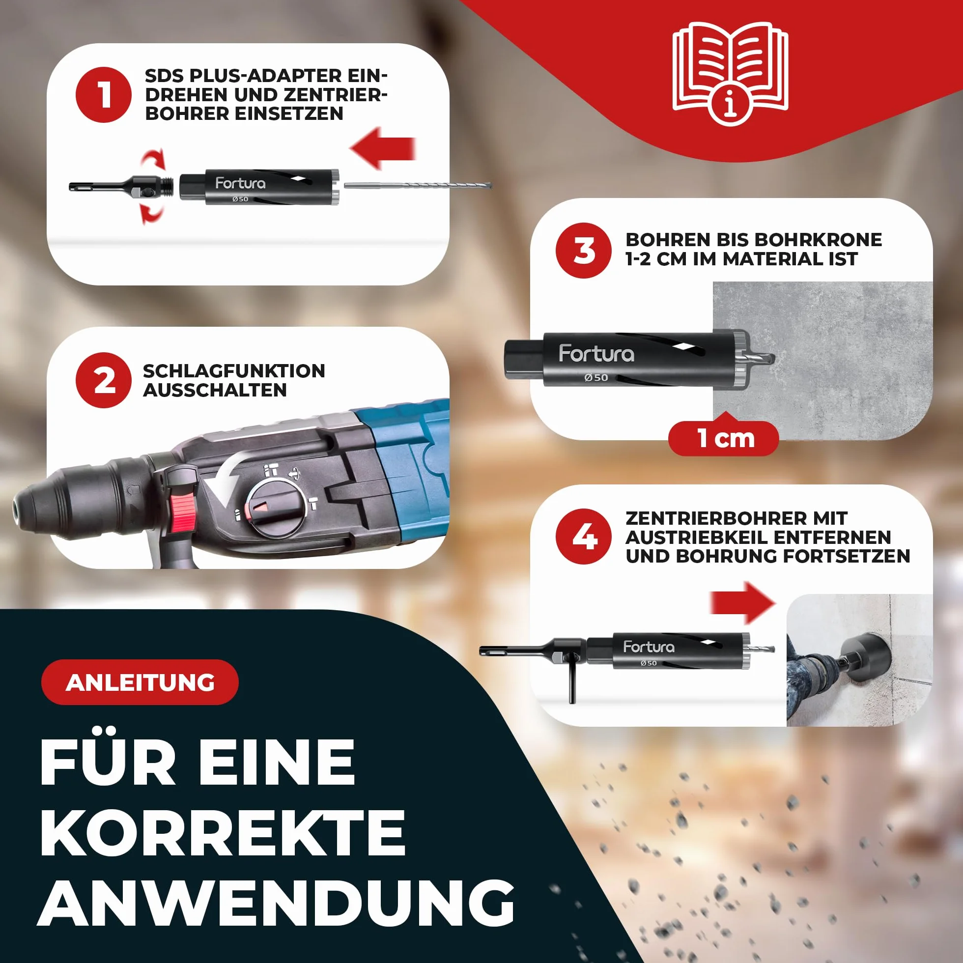 Fortura Wiertło rdzeniowe/koronka wiertnicza Ø 32-162 mm / długość 200 mm/SDS Plus/wiertło puszkowe/diamentowe wiertło wiertnicze / wiertło rdzeniowe / diament (Ø 50 x 200 mm)