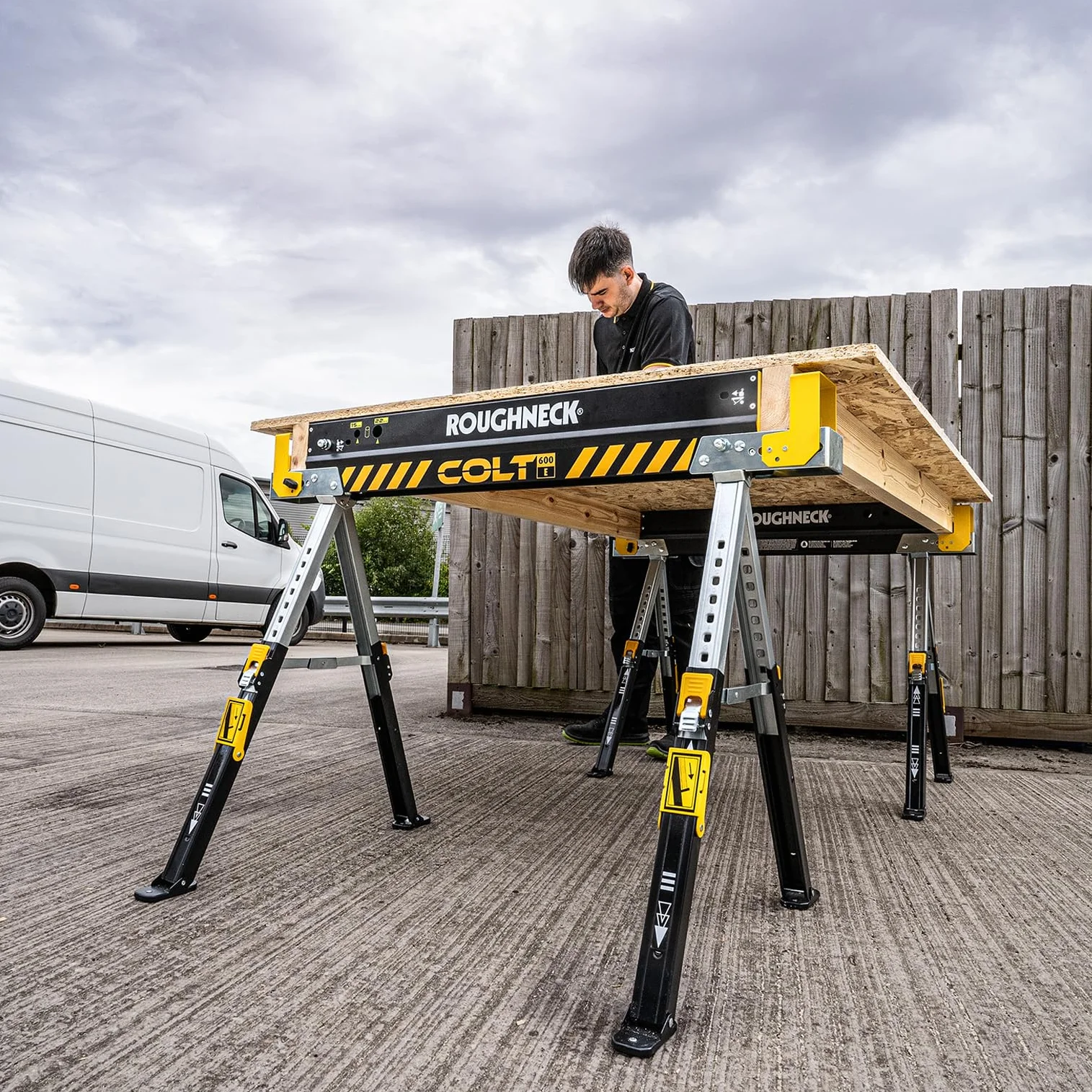ROUGHNECK® COLT 600E Sawhorse, Heavy Duty Steel Construction, Weight-Baring Capacity 589kg each, 1178kg Per Pair with Height Adjustable Legs for Woodworking & Construction – 2 Pack