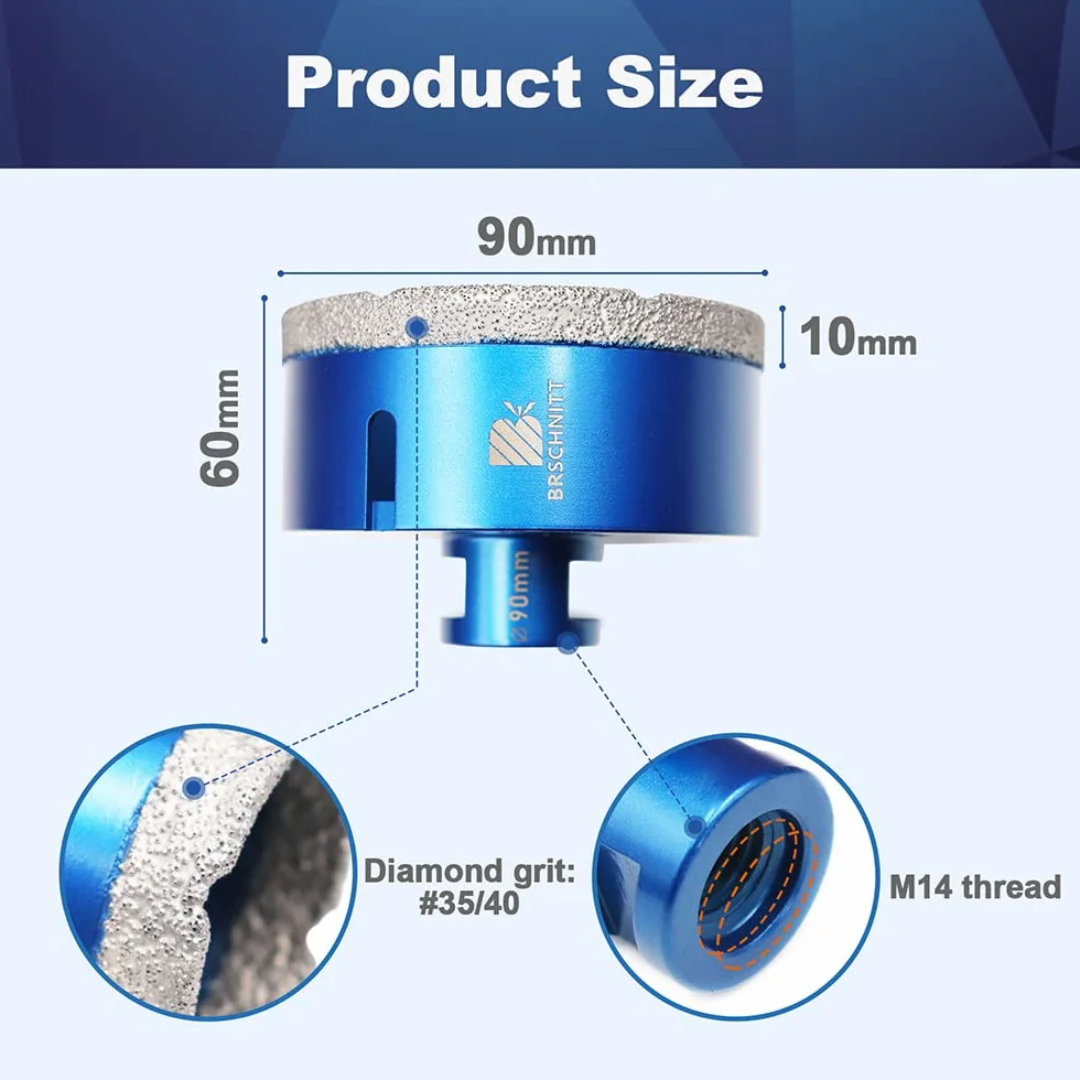 Wiertło diamentowe 90mm, BRSCHNITT 1 szt. M14 lutowane próżniowo diamentowe wiertło rdzeniowe Otwornica do płytek kamionkowych kamionkowych Ceramiczne marmurowe wiercenie granitowe, odpowiednie do szlifierek kątowych