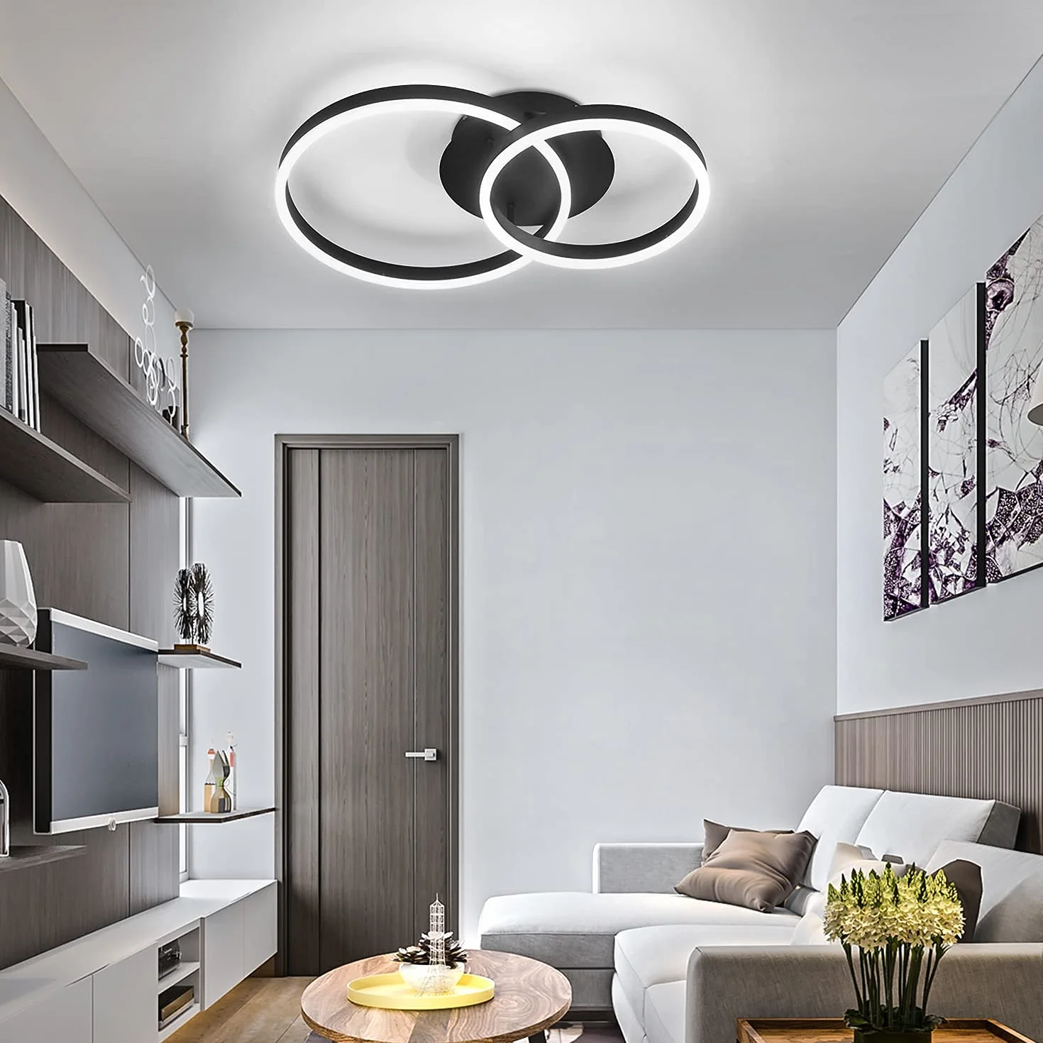 ZMH Lampa Sufitowa LED Ściemniana, Czarna, Nowoczesna, 46 W, 2 Pierścienie, Do Salonu, Sypialni, Gabinetu, Biura, Kuchni, Hotelu, Restauracji, Jadalni, 59 x 40 x