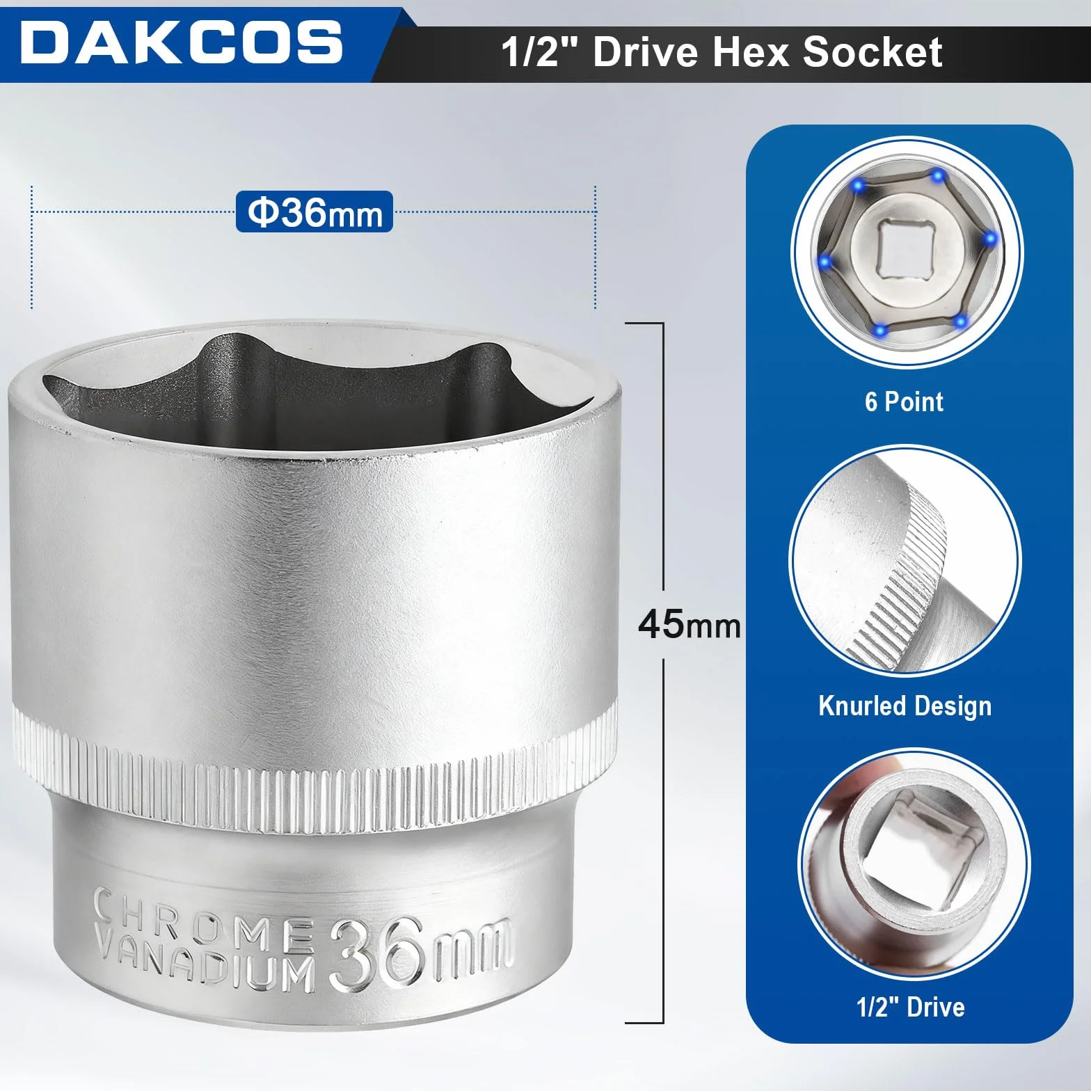 DAKCOS Nasadka 36 mm klucz nasadowy sześciokątny | 6 kantów | 12,5 mm (1/2") | CR-V