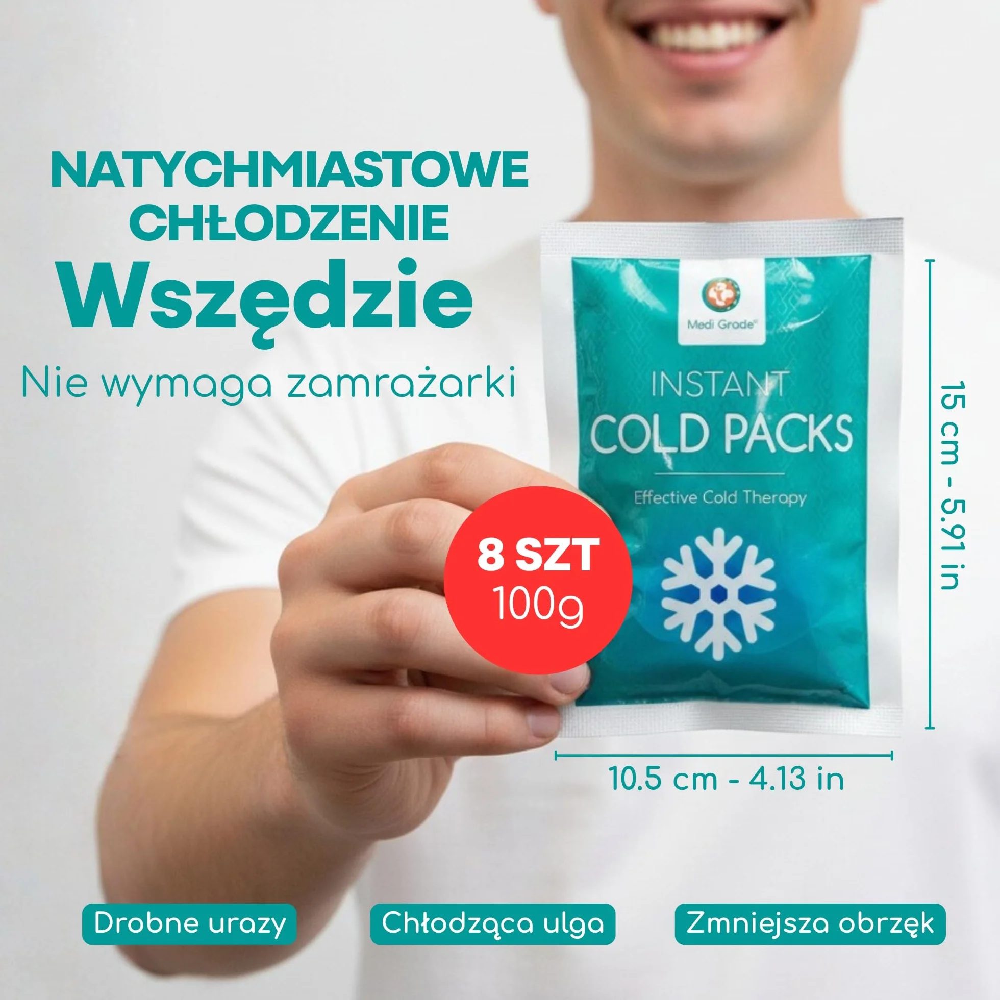 Medi Grade Instant Cold Pack 8 Sztuk 100g 11,43 cm x 15,24 cm Kompres Chłodzący Z Paskiem Stabilizującym