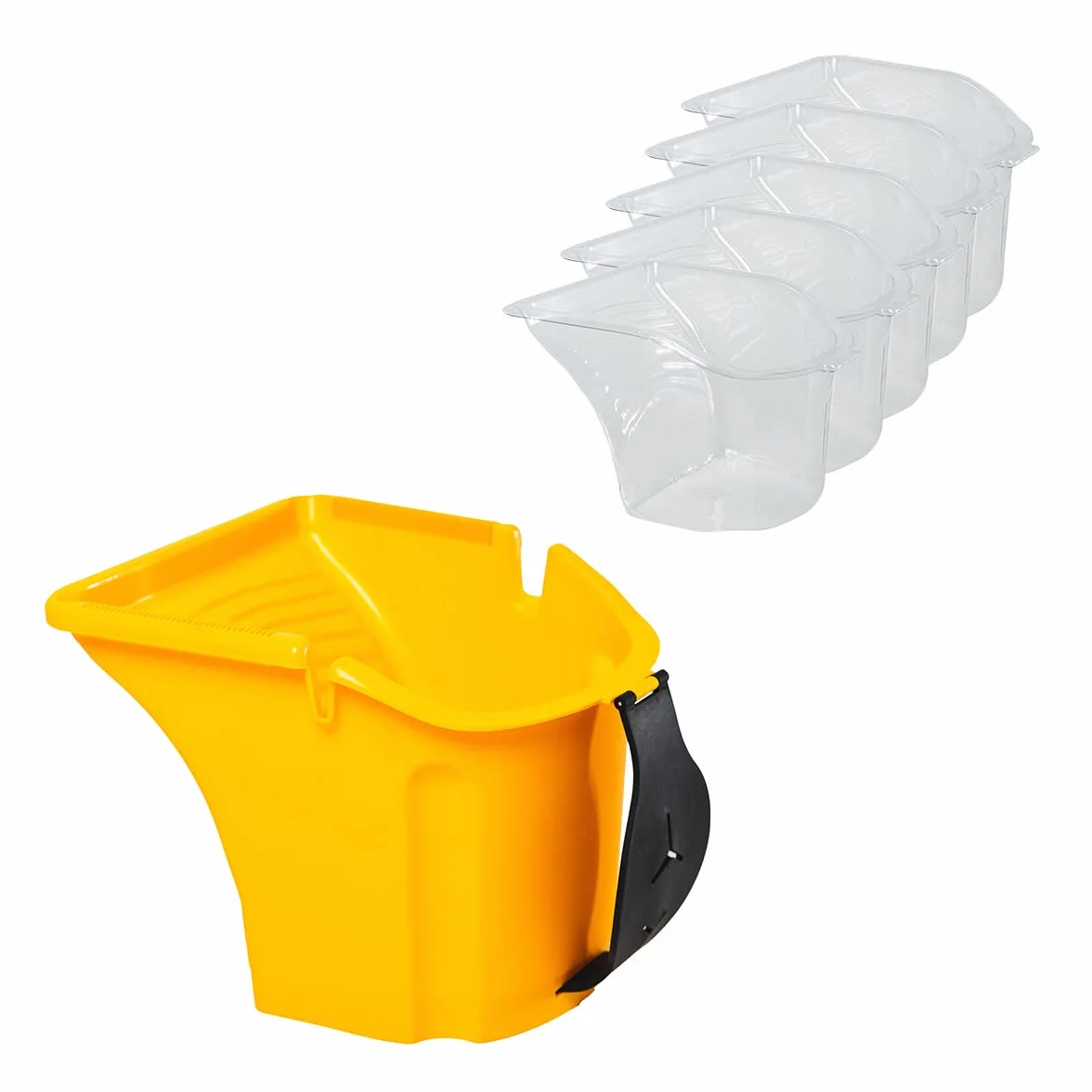 HARDY WORKING TOOLS Wiadro na farbę z 5 przezroczystymi wkładkami, 2 l kubki, regulowany uchwyt, wiadro z tworzywa sztucznego, wiadro budowlane ze specjalnymi rowkami, żółty, A0146-329901
