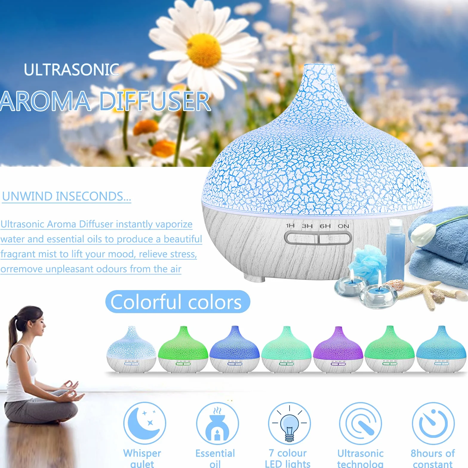 Dyfuzor zapachowy ultradźwiękowy 550 ml nawilżacz powietrza aromaterapia 7 kolorów LED