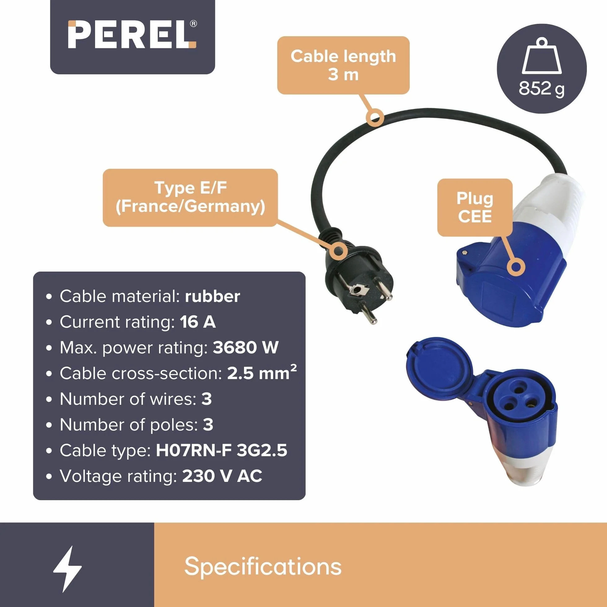 PEREL - ECEEA3 kabel wtyczka Schuko na złącze Cee, 3 m 162434