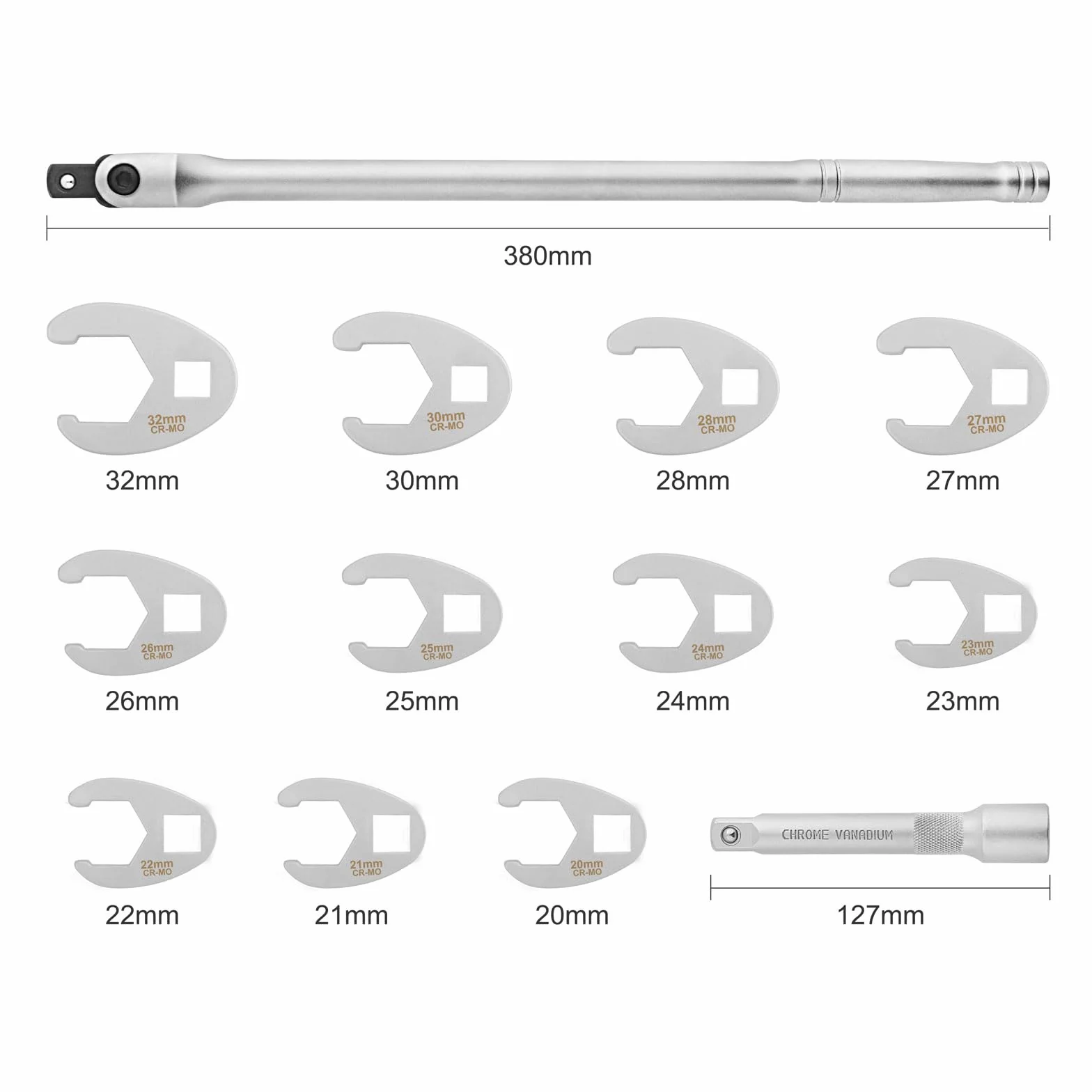 Gunpla 13-częściowy zestaw kluczy z nóżkami | napęd czworokątny wewnętrzny 12,5 mm (1/2") | metryczny 20-32 mm | z przedłużeniem i uchwytem przegubowym