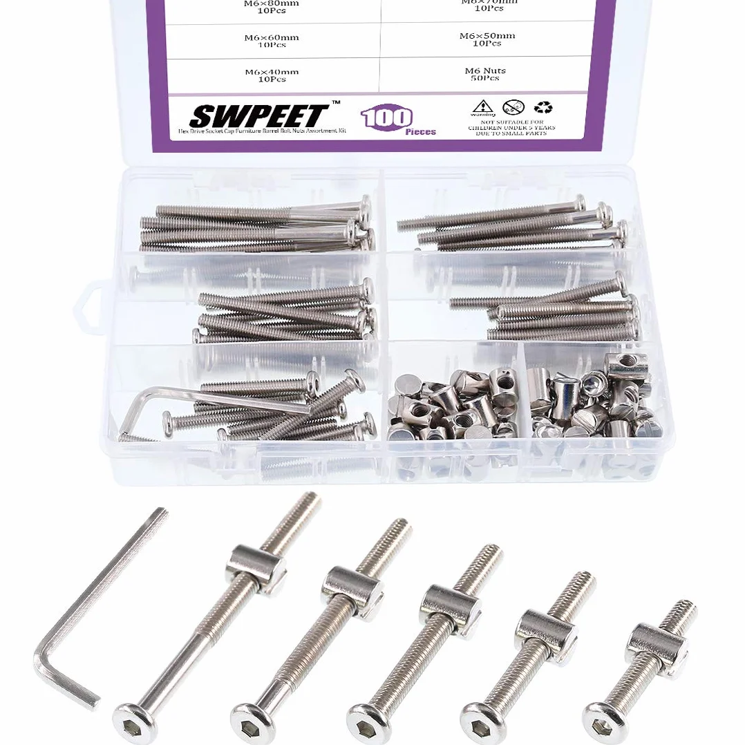 Swpeet 100 szt. śrub do łóżeczka dziecięcego, niklowane, M6 × 40/50/60/70/80 mm, śruba z gniazdem sześciokątnym, śruba do łóżeczka dziecięcego i nakrętki beczki z 1 x kluczem imbusowym, idealne do