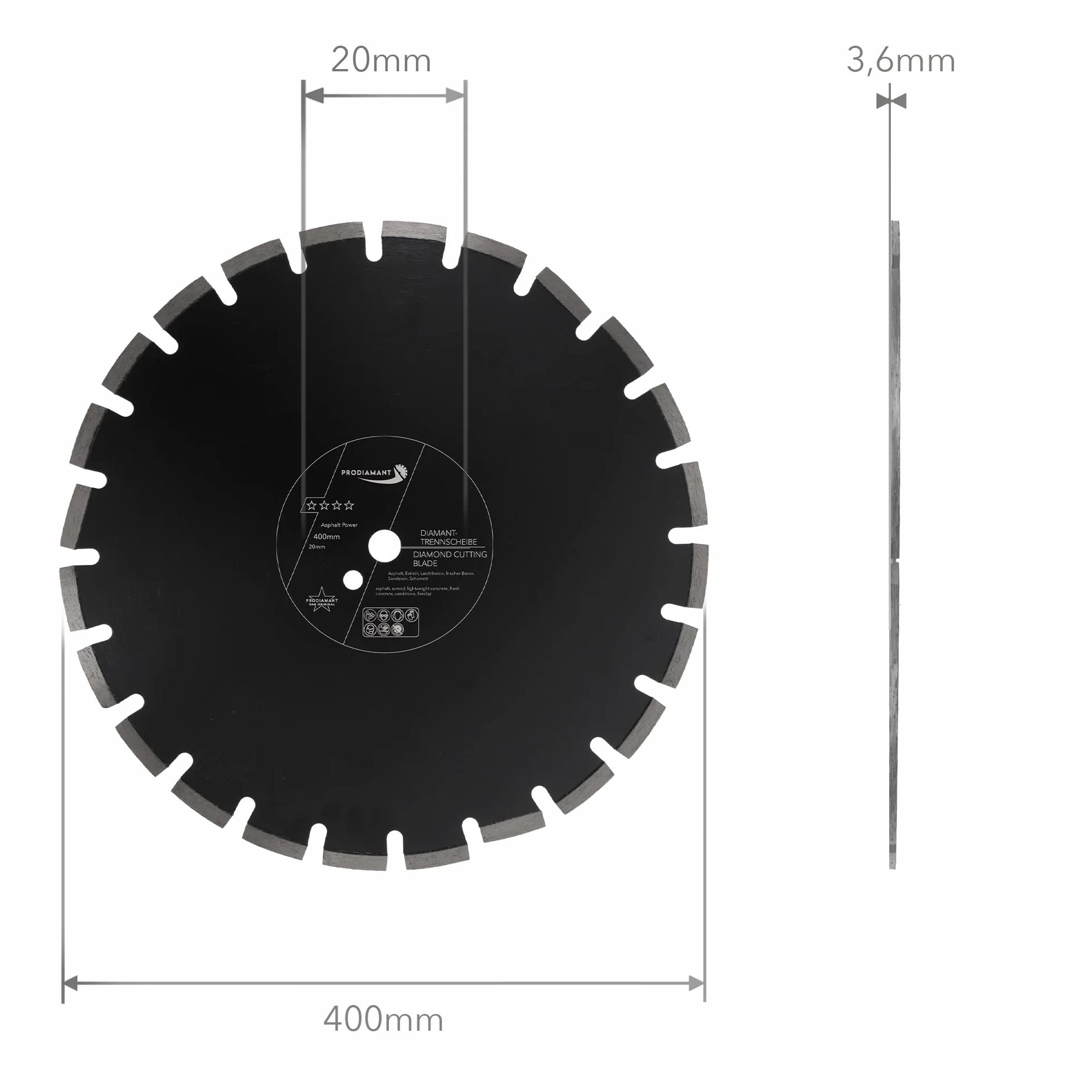 PRODIAMANT Tarcza diamentowa 400 mm x 20 mm ścierna do dróg, asfaltu, jastrychu, lekkiego betonu, świeżego betonu, piaskowca i szamotu
