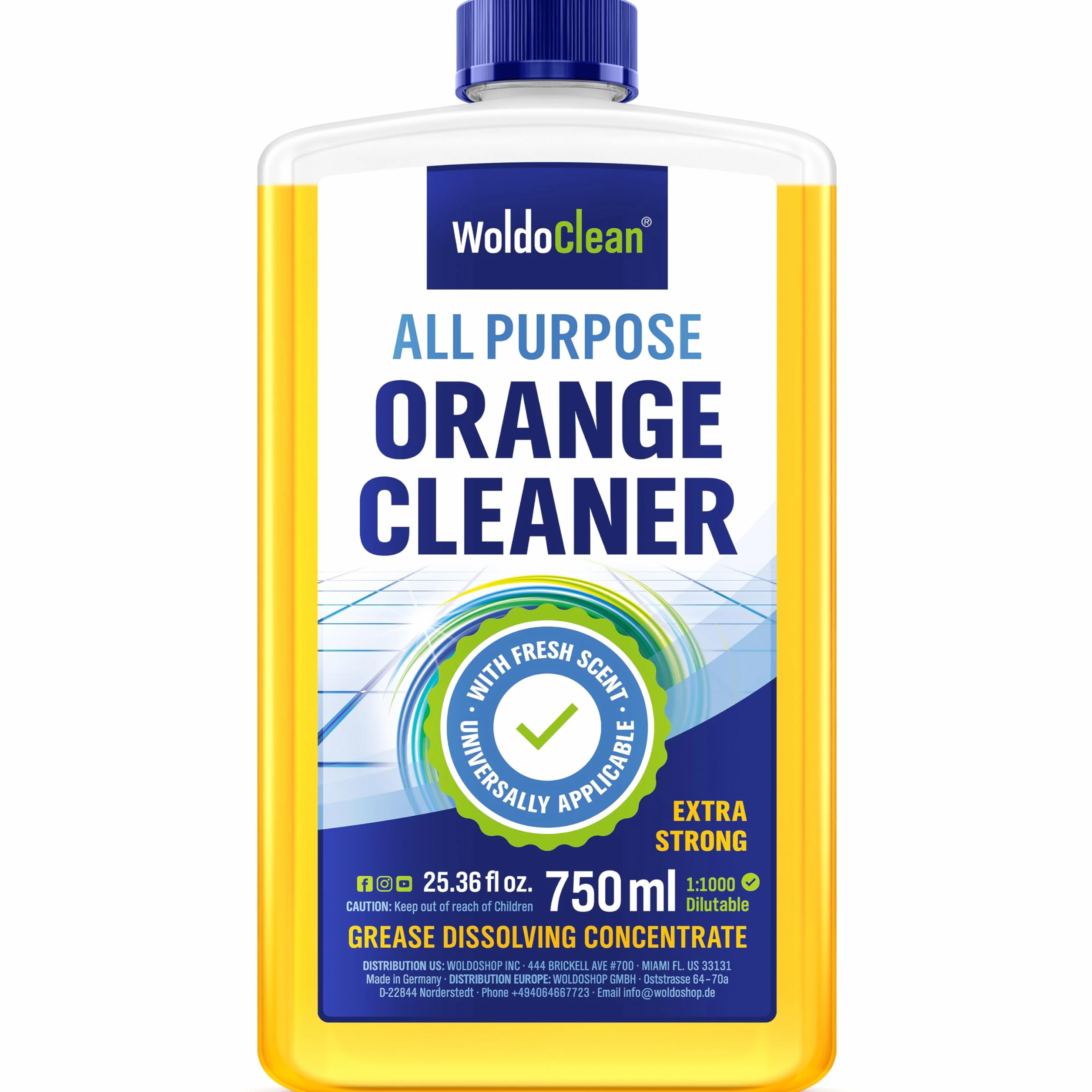 WoldoClean Płyn Pomarańczowy Koncentrat 750ml - Olejek Pomarańczowy & Odtłuszczacz, Usuwa Klej, Żywicę, Gumę & Etykiety, Uniwersalny do Kuchni