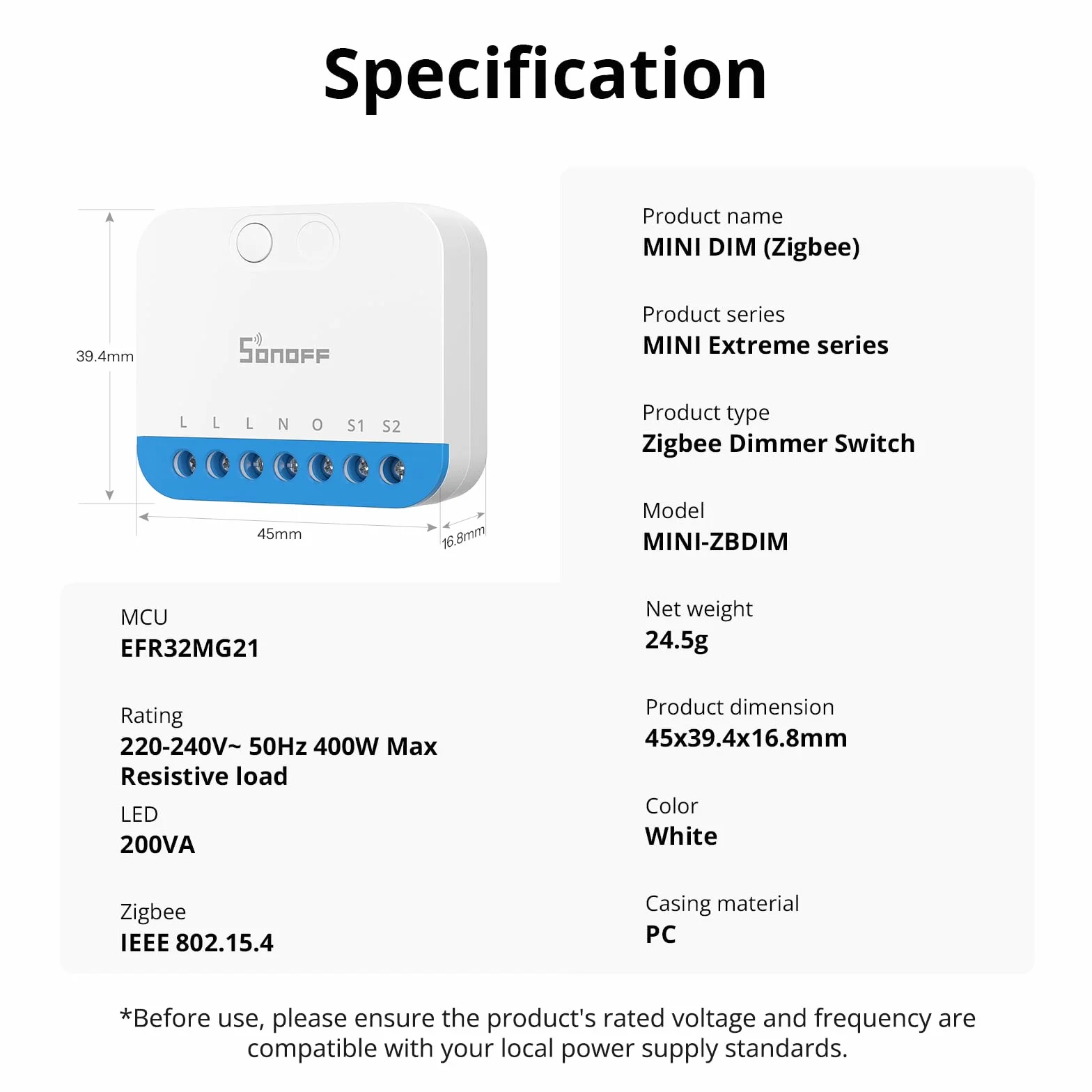SONOFF MINI DIM Ściemniacz Zigbee 3.0 do LED ściemnialnych, transformatorów, żarówek i halogenowych. Przewód neutralny wymagany, monitorowanie energii. Działa z Alexa, Google Home, IFTTT