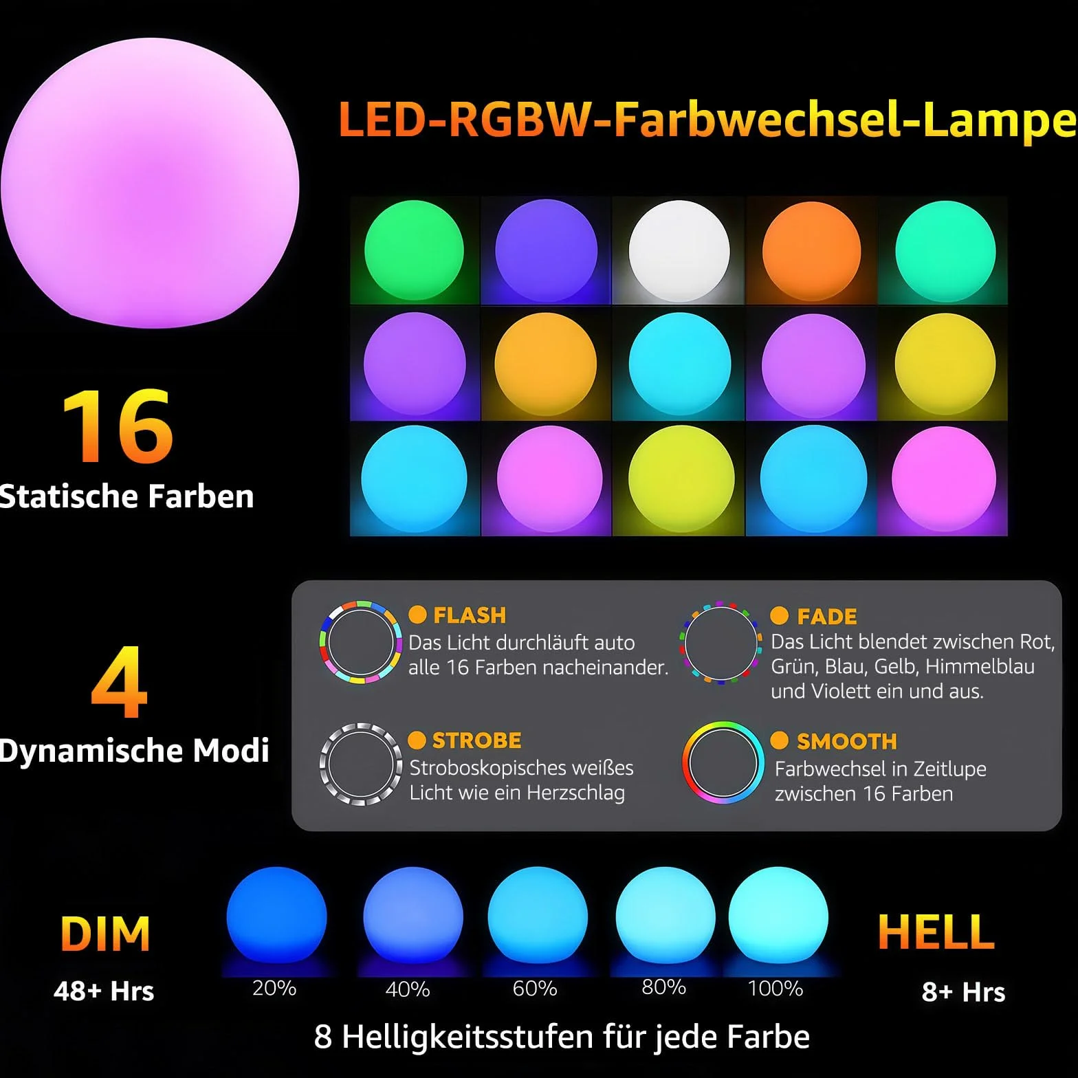 Mr.Go 40cm LED Kugelleuchte Wasserdichte Außenlampe mit Farbwechsel RGB 16 Farben Fernbedienung