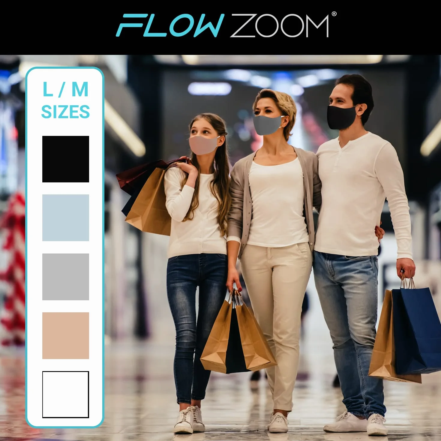 FLOWZOOM Zestaw 2 masek z bawełny i poliestru (3-warstwowe) z komorą na filtr 2,5 PM | regulowane zauszniki | idealne dla okularów | dostępne w dwóch rozmiarach – L (mężczyzn) i M (kobiety/dzieci)