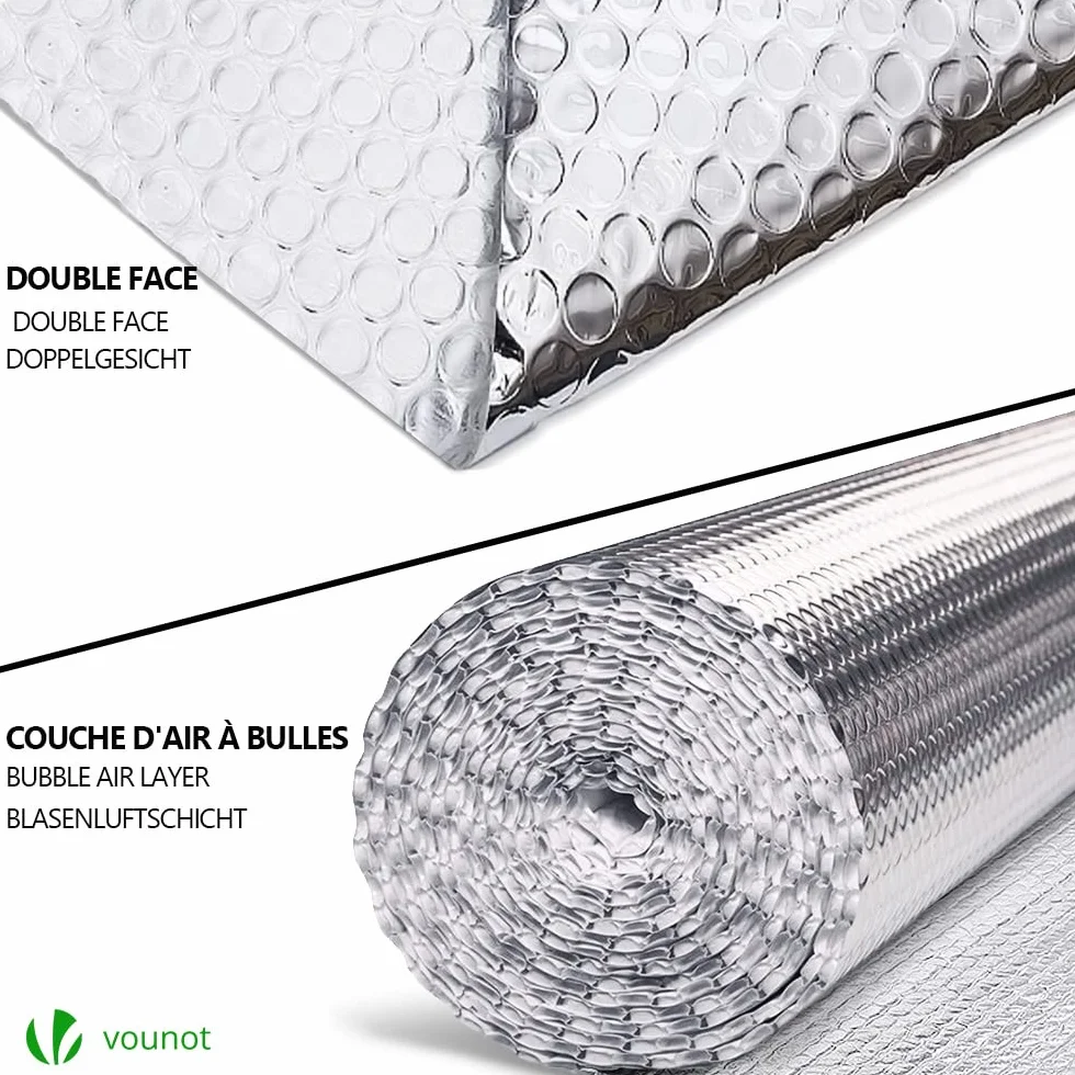 VOUNOT Izolacja termiczna z folii aluminiowanej z bąbelkami dwustronnie 3 mm odporna do reflektora chłodnicy ciepła i ochrony przed zimnem, idealna do okna, samochodu, chłodnicy 1,22 x 10M