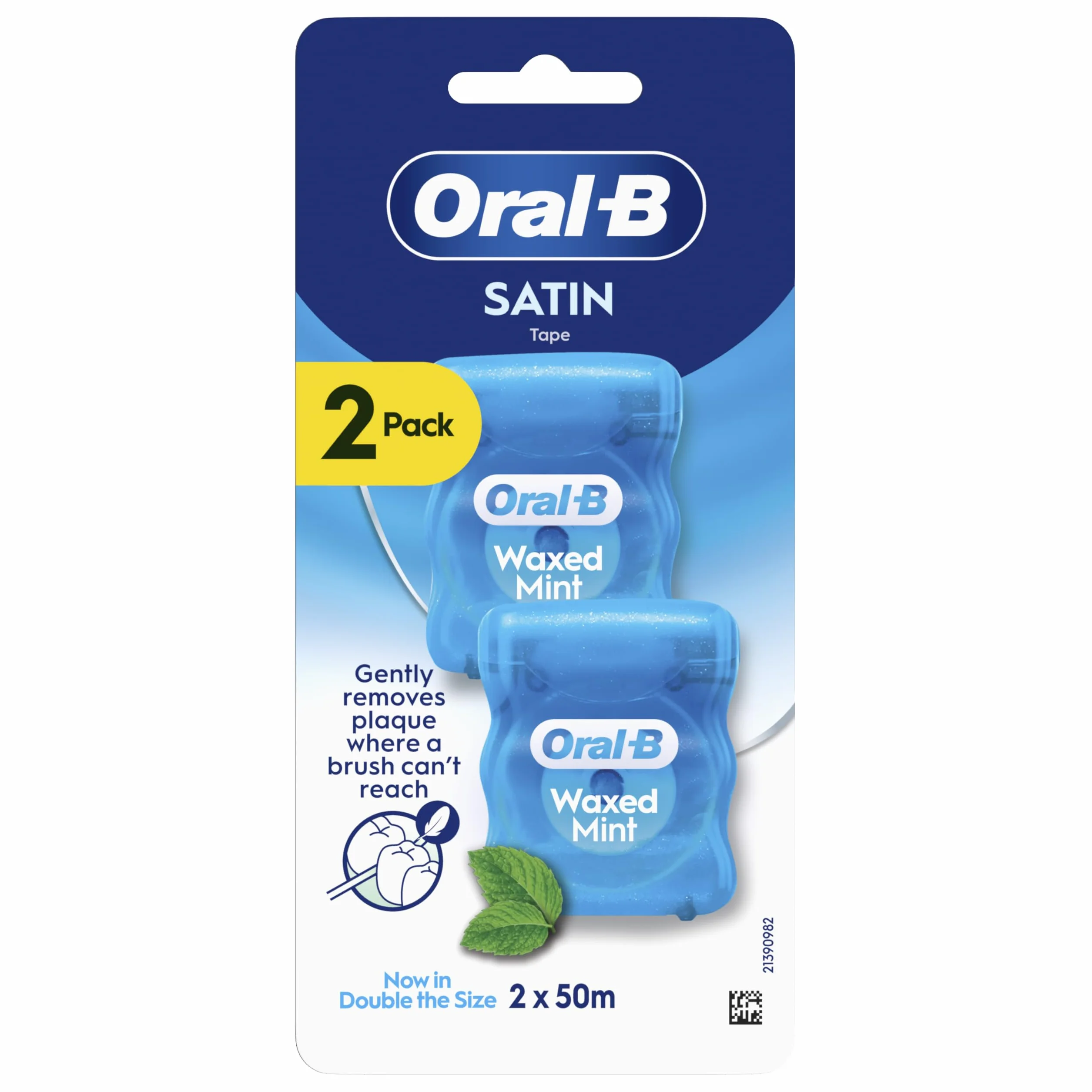 Oral-B Satynowa taśma nici, usuwa płytkę nazębną, woskowana nić dentystyczna do ciasnych przestrzeni, zapewnia świeżość, czyste uczucie, smak mięty, rolka 50 m
