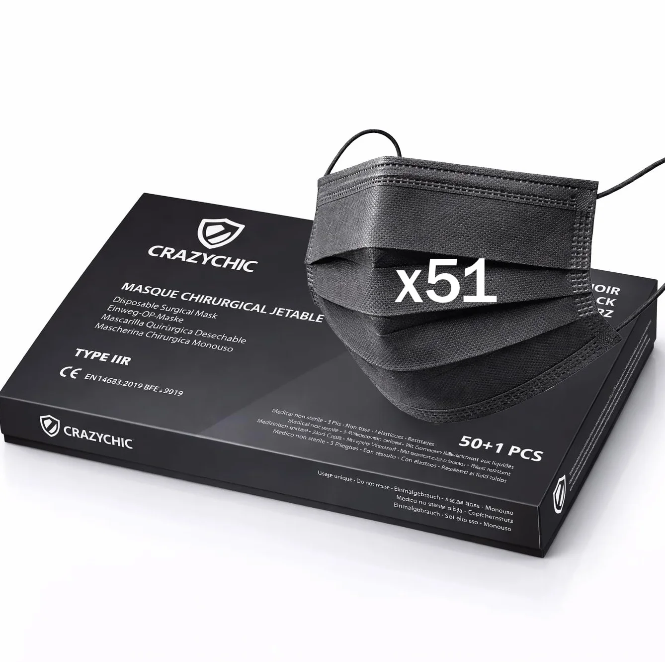 CRAZYCHIC - x51 Maska Chirurgiczna Czarna Typ IIR - Certyfikowana CE EN14683 - Jednorazowa Maseczka Medyczna 3-Warstwowa Ochrona Dróg Oddechowych - Wysoka Filtracja BFE ≥99% - Zestaw 51 Szt.