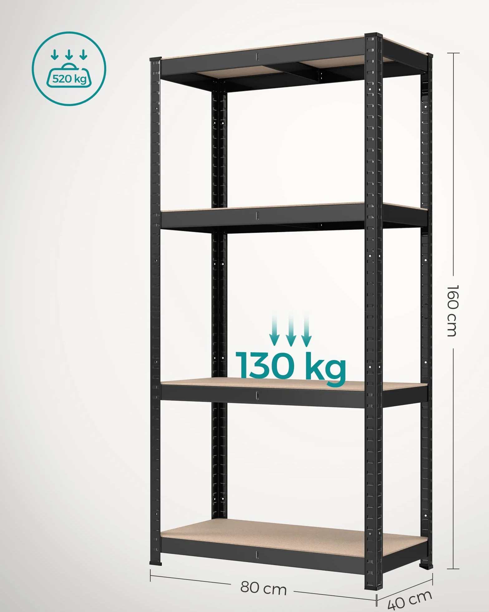 SONGMICS Regał 4-poziomowy, zestaw 2 regałów stalowych do przechowywania, montaż bezśrubowy, do garażu, szopy, udźwig po 520 kg, 40 x 80 x 160 cm, czarny GLR044B02