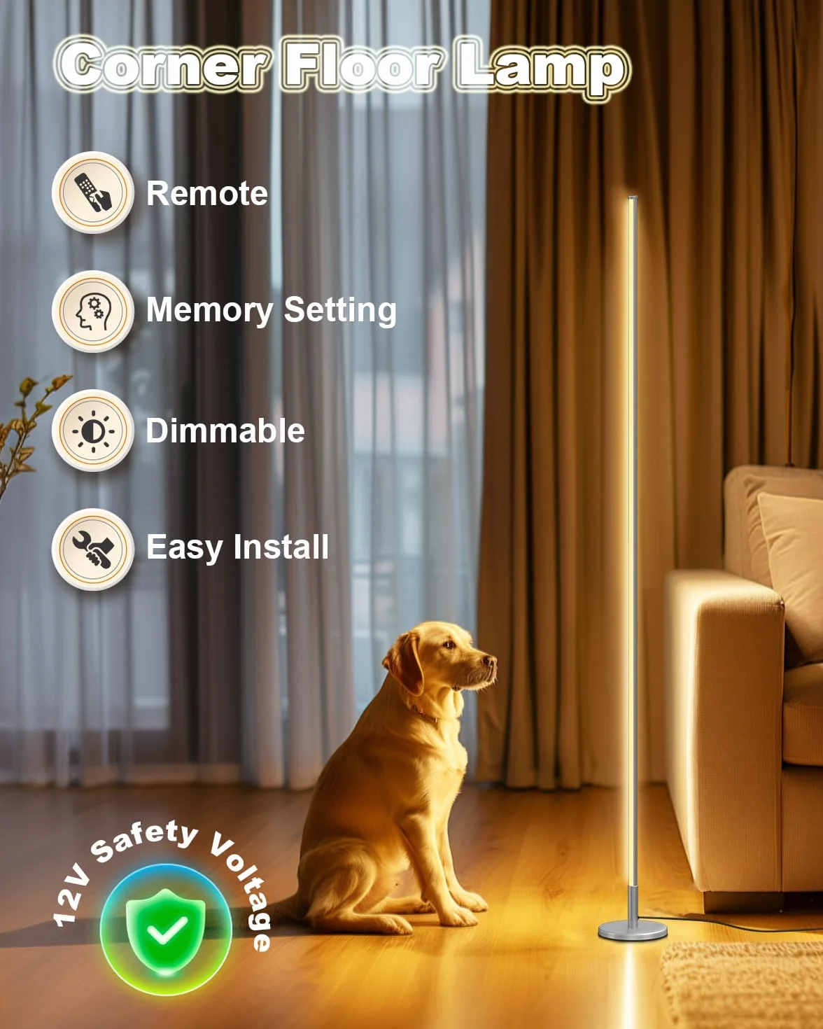TACAHE Minimalistyczna Narożna Lampa Podłogowa - 2700K-6500K Regulowana Dioda LED - Nowoczesna Lampa Stojąca do Stylizacji Wnętrz z Pilotem do Salonu, Sypialni - 57" (145 cm) 12W - Srebrne