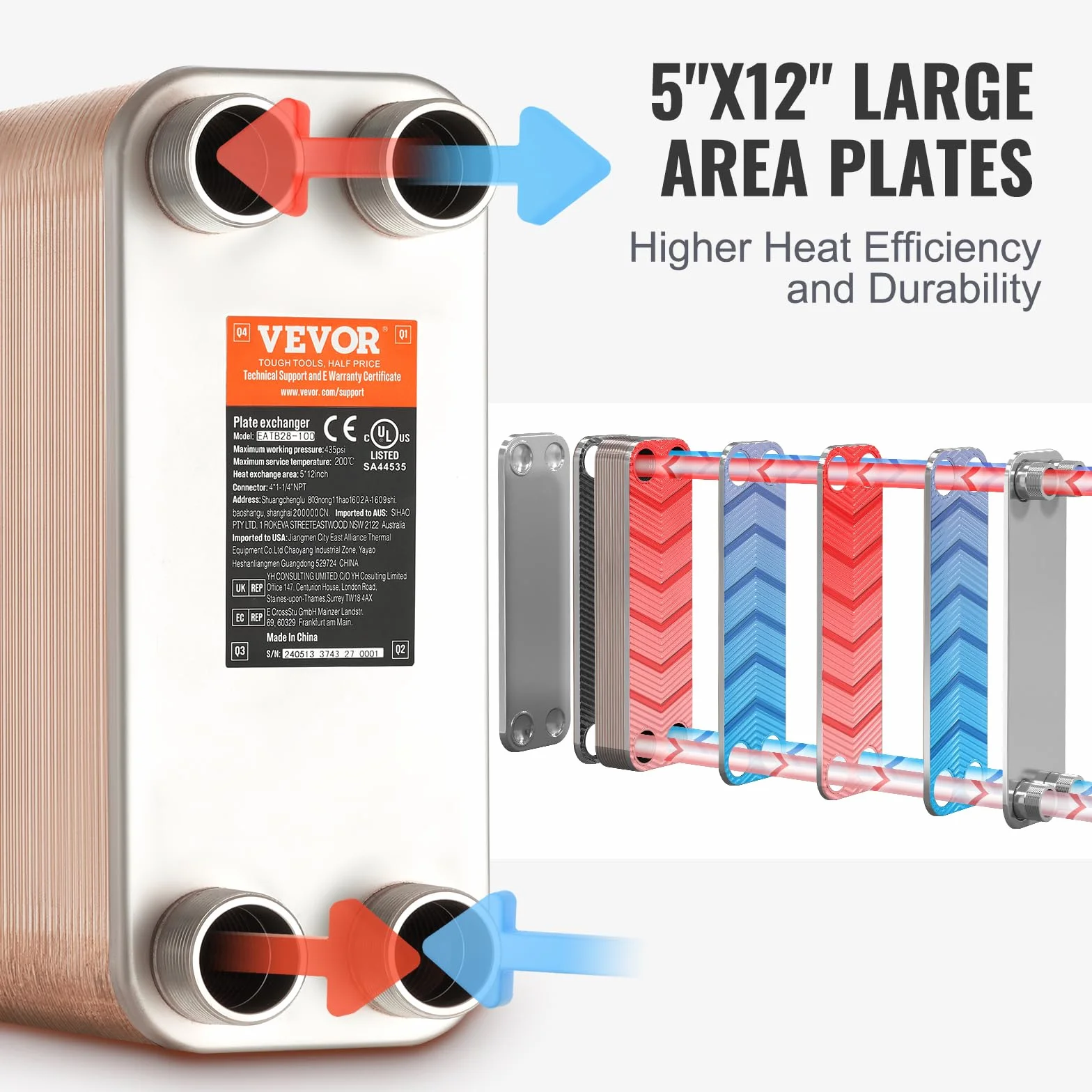 VEVOR Lutowany wymiennik ciepła płytowy 127x305 mm 80 płyt miedziany/stal nierdzewna 316L do ogrzewania podłogowego, ogrzewania wody, topniejący śnieg, chłodzenie piwa