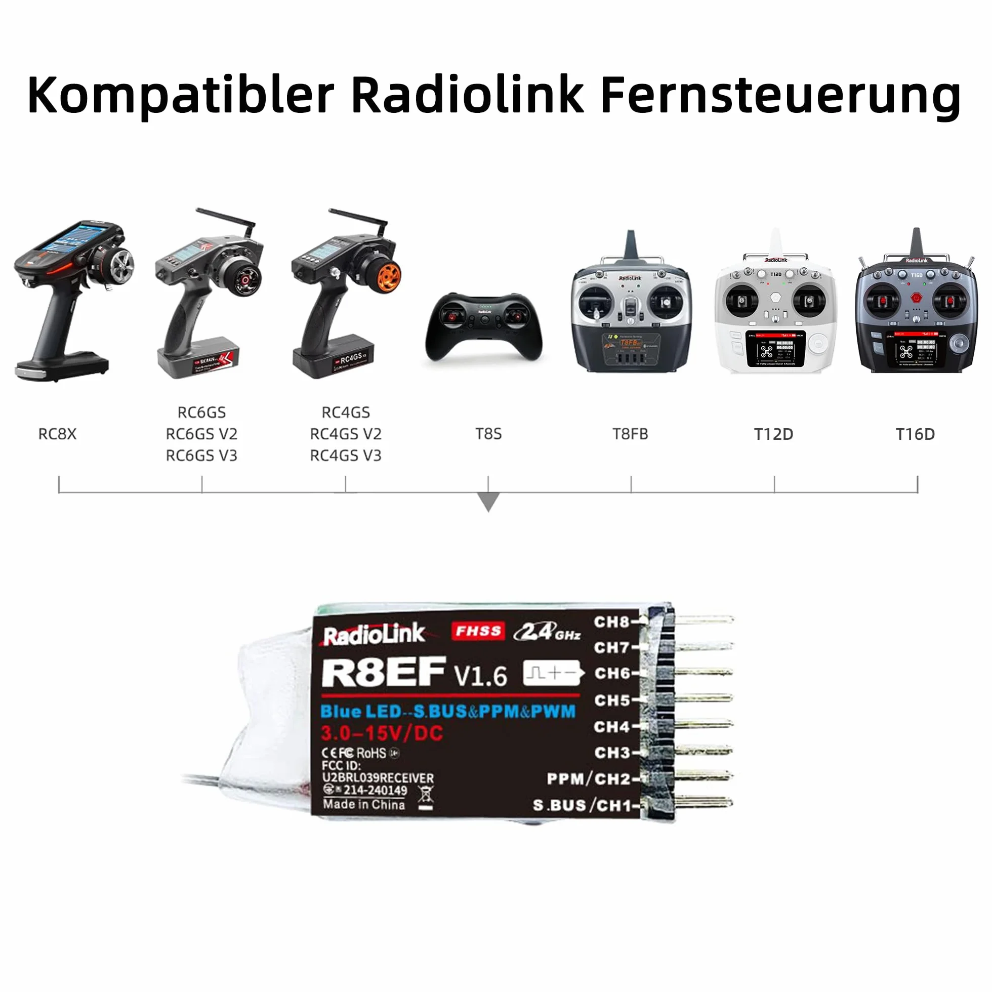 Radiolink R8EF odbiornik RC 2,4 GHz SBUS/PPM/PWM 8 kanałów, duży zasięg do 2000 m, kompatybilny z RC6GS V3/RC4GS V3/T8FB/T8S/RC8X/T16D/T12D