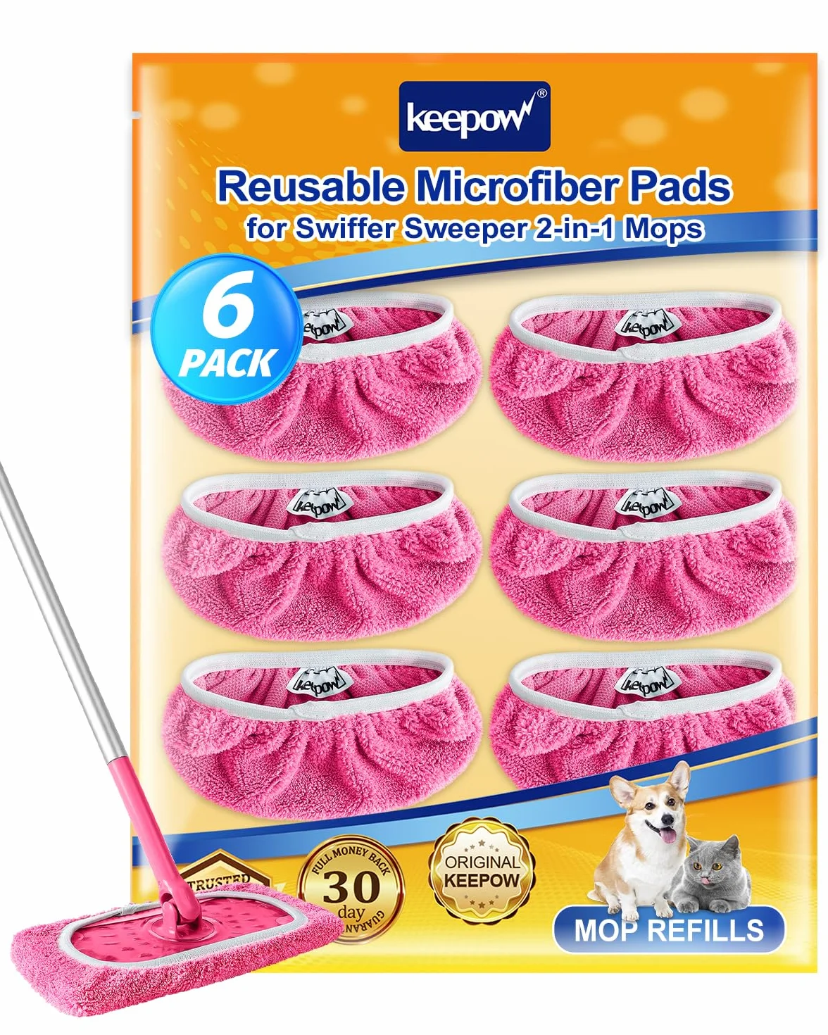 KEEPOW Wielokrotnego użytku na ściereczki do mopu Swiffer - czyste bawełniane ściereczki na mop Swiffer, idealne do Swiffer Wet, do czyszczenia podłóg z drewna twardego, 25,4x11,5cm, 6 sztuk