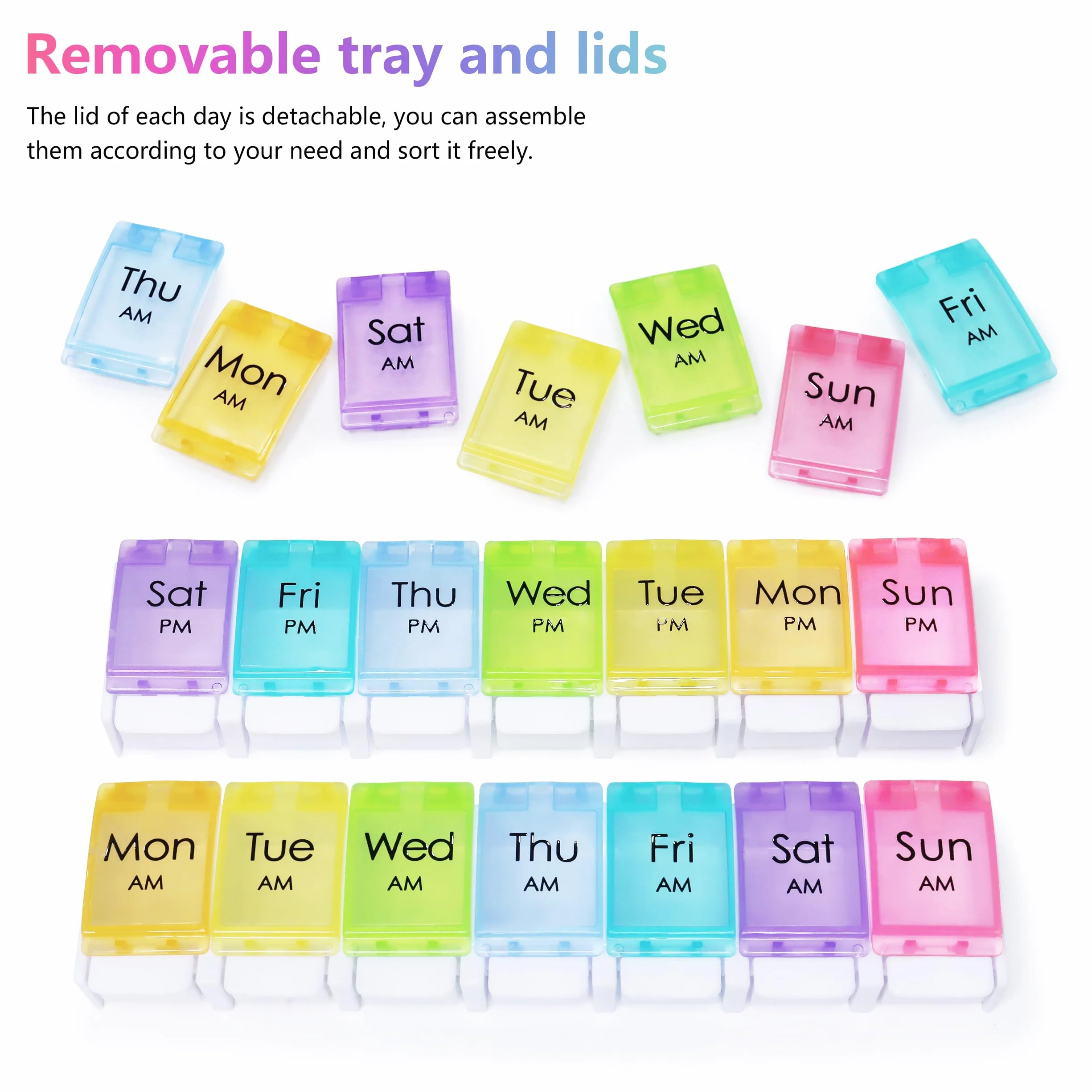 MOLN HYMY 7 Day Pill Organizer AM PM Large Capacity Weekly Pill Box Twice Daily Rainbow Morning Evening Pill Case 14 Dividers BPA-Free Medicine Organizer