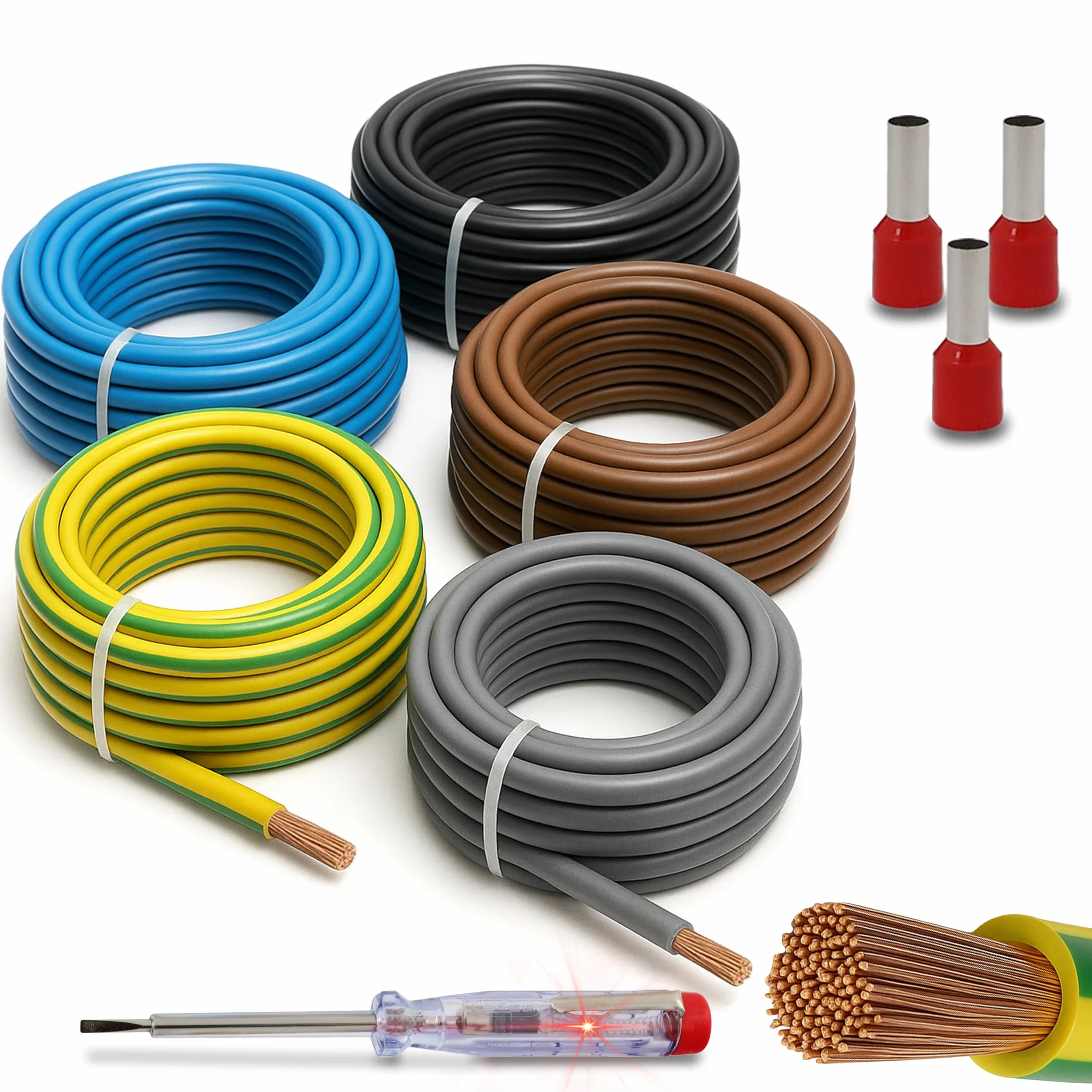 Zestaw okablowania 10 mm² H07V-K przewód żyłowy elastyczny zestaw 5 x 5 m wraz z 100 tulejkami kablowymi przewód kablowy idealny do liczników, przewodów uziemiających i mostów okablowania