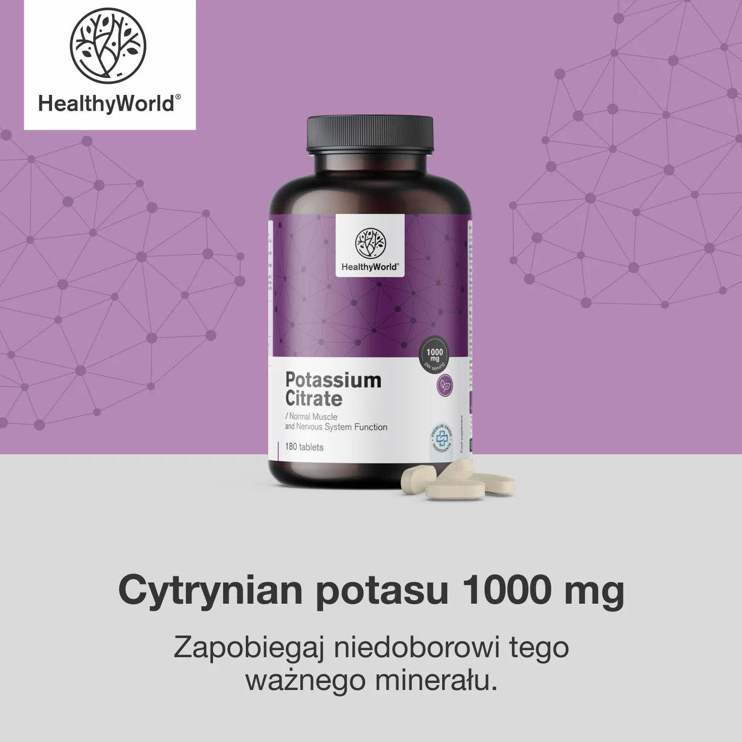 HealthyWorld Cytrynian potasu – 1000 mg w dziennej porcji – 180 tabletek – Optymalne stężenie – Wsparcie dla mięśni, układu nerwowego i ciśnienia krwi – Bez GMO – Zapas na 3 miesiące