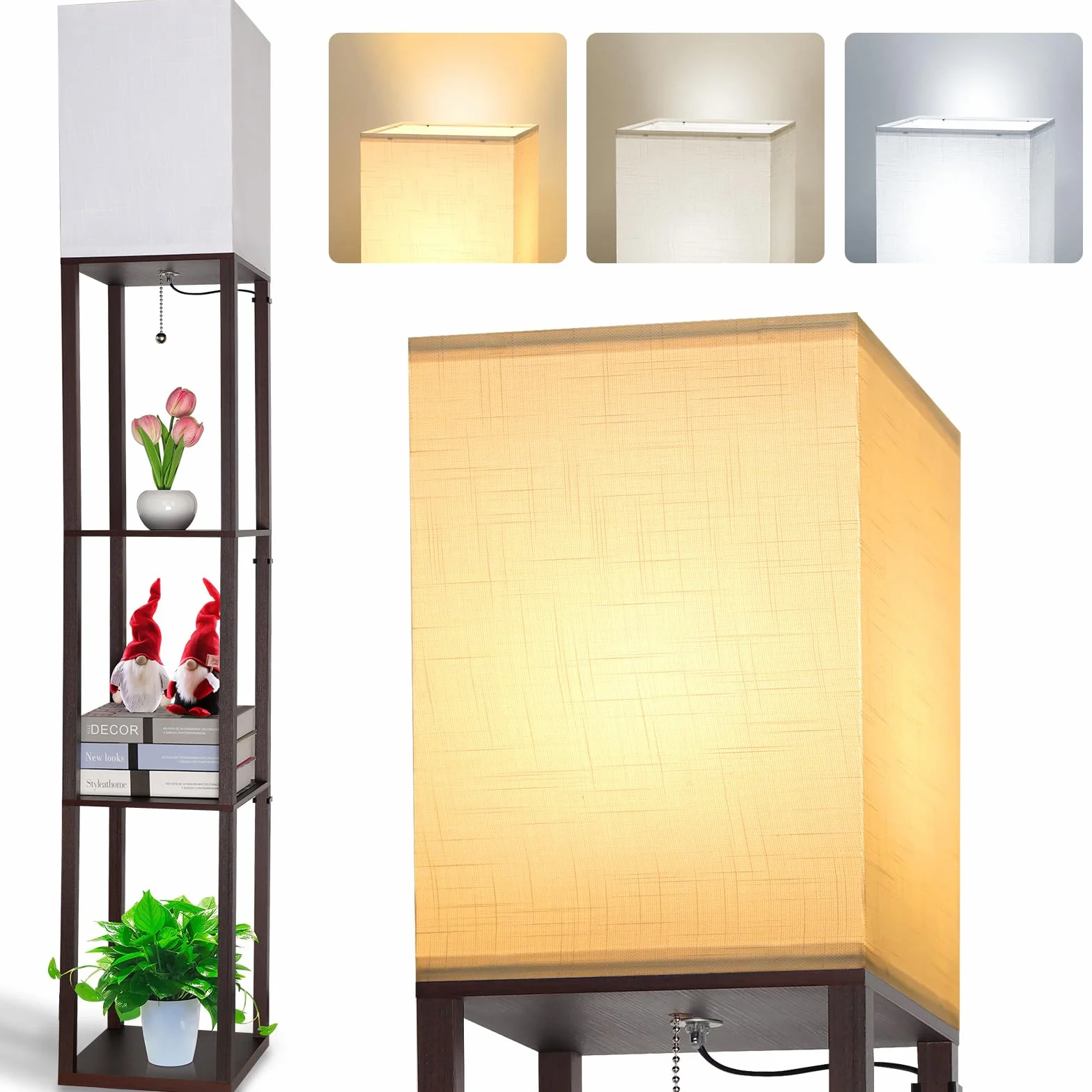 Lampa stojąca LED z drewna, brązowa lampa stojąca z regałem, lampa stojąca z żarówką, 3 temperatury barwowe, retro, lampka nocna z abażurami i oprawą E27, do salonu, biura, korytarza, narożnika