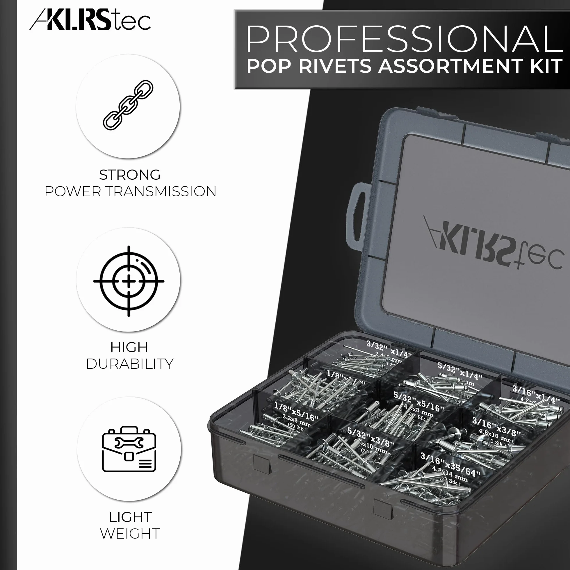 KLRStec Professional Zestaw śrub wkrętnych [500szt.] Aluminium/stalowe śruby wkręcane zestaw do nitownic 125szt. każdej wielkości (2,4mm, 3,2mm, 4,0mm i 4,8mm)