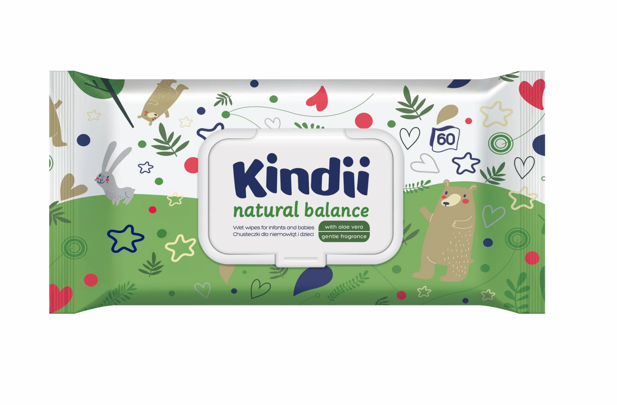 Kindii chusteczki nawilżane dla niemowląt i dzieci Natural Balance - działanie ochronne, nawilżające, regenerujące - delikatny zapach - zawierają alantoinę, emolienty - aloes - neutralne pH - 60 sztuk