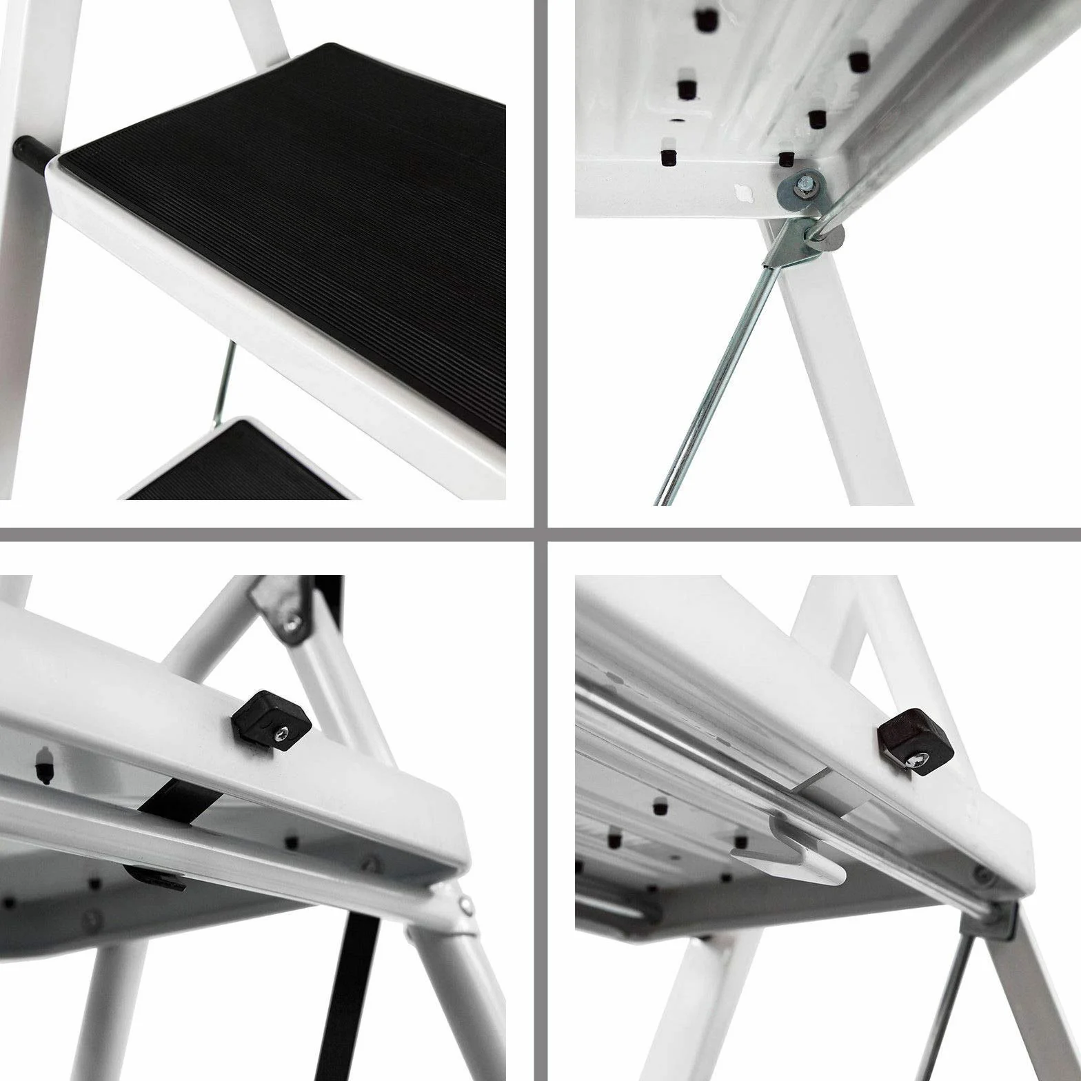 Komfortowa drabina ze stali, 4 stopnie z poręczą, wysoki uchwyt zabezpieczający, nóżki z podeszwami Soft-Grip, obciążenie do 150 kg, certyfikat TÜV Süd