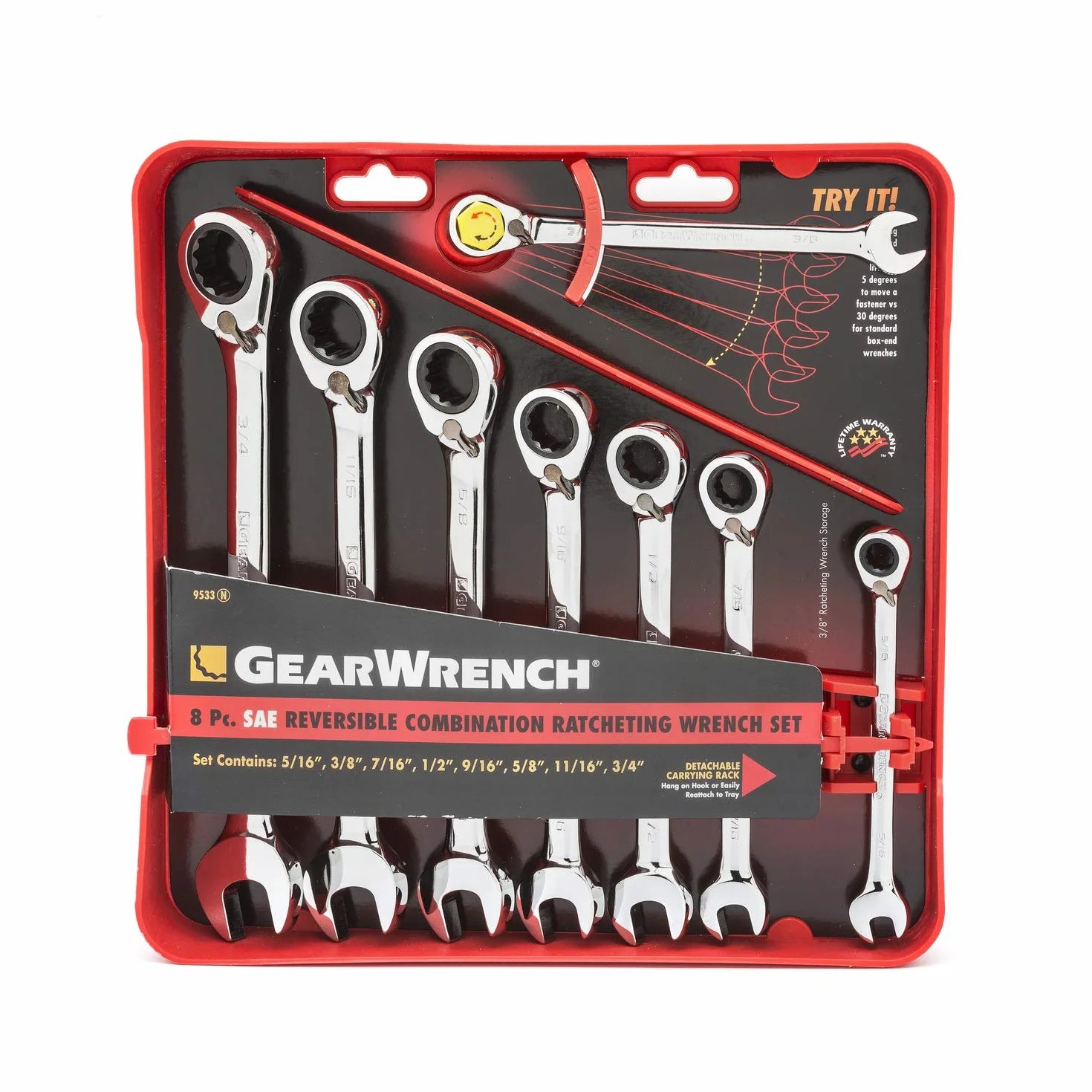 GearWrench 8-częściowy zestaw kluczy nasadowych SAE z grzechotką 72-zębową 12-punktową 9533N