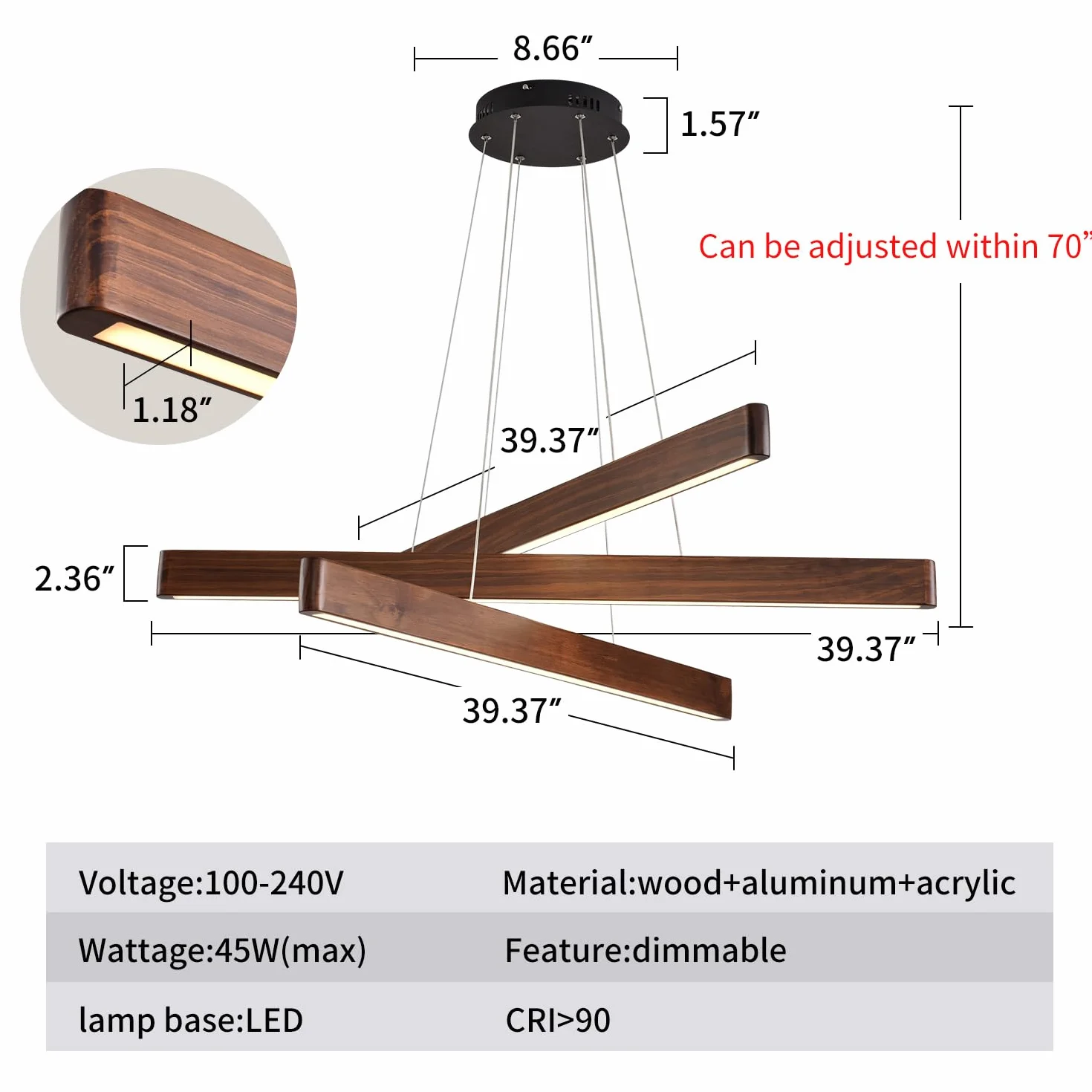 YISDESIGN 3-świetlna liniowa lampa wisząca do jadalni nowoczesne żyrandole LED do salonu ściemniana drewniana lampa sufitowa wisząca 45 W do salonu jadalni kuchni wyspy kolor orzecha włoskiego