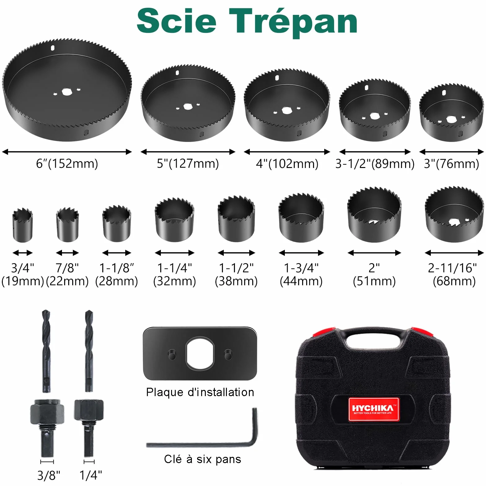 HYCHIKA Piły Do Otworów, 19 Pcs, 13Pcs 19Mm-152Mm Brzeszczoty, 2 Trzpienie, 2 Wiertła, 1 Płyta Montażowa, 1 Klucz Sześciokątny, Idealny Do Wiercenia Miękkiego Drewna, Pvc I Płyty Z Tworzywa Sztucznego