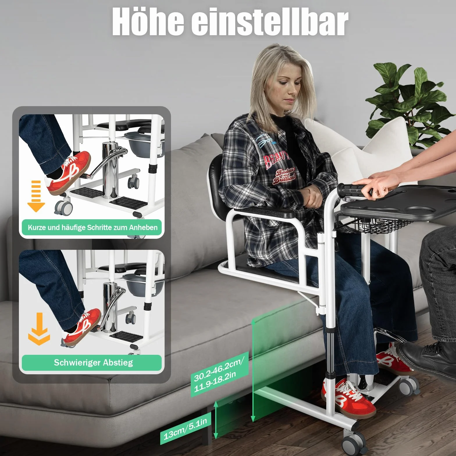 Krzesło transferowe dla pacjentów, regulowana wysokość podnoszenia, hydrauliczne krzesło do przenoszenia z podzielonym siedziskiem 180°, transport osób starszych,