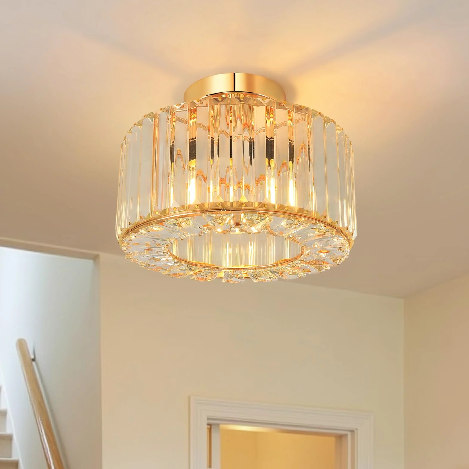 ANWIO Złota przemysłowa lampa sufitowa kryształowa, nowoczesny żyrandol do salonu E27 Ø270mm, do przedpokoju, sypialni, jadalni, kuchni, kuchni