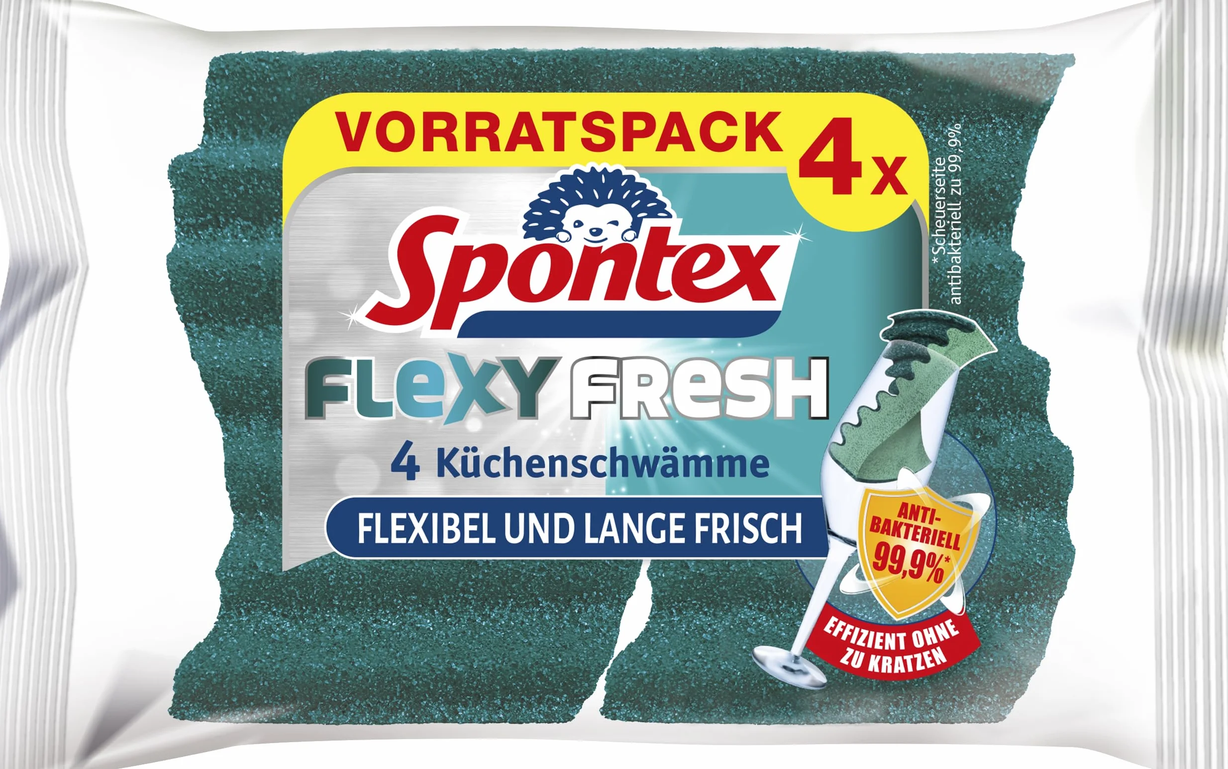 Spontex Flexy Fresh x4, wydajna gąbka do czyszczenia z ochroną antybakteryjną, elastyczna, długo świeża, nie rysuje się, 1 x 4 sztuki