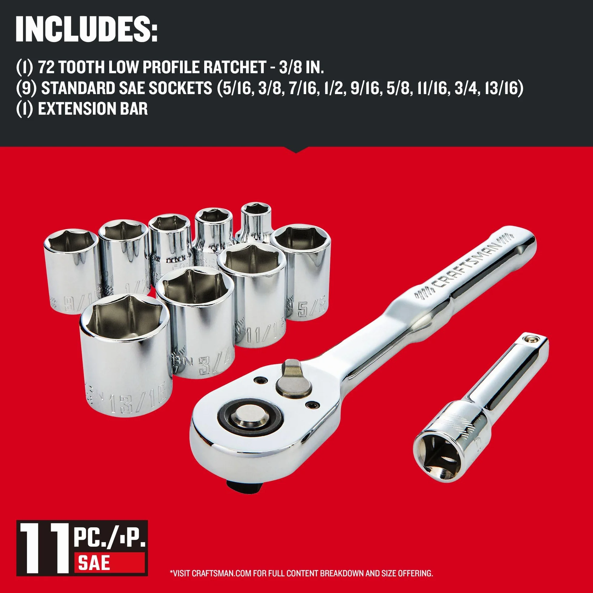 Craftsman Zestaw narzędzi mechanicznych, napęd 3/8 cala, SAE, 11-częściowy (CMMT12126)