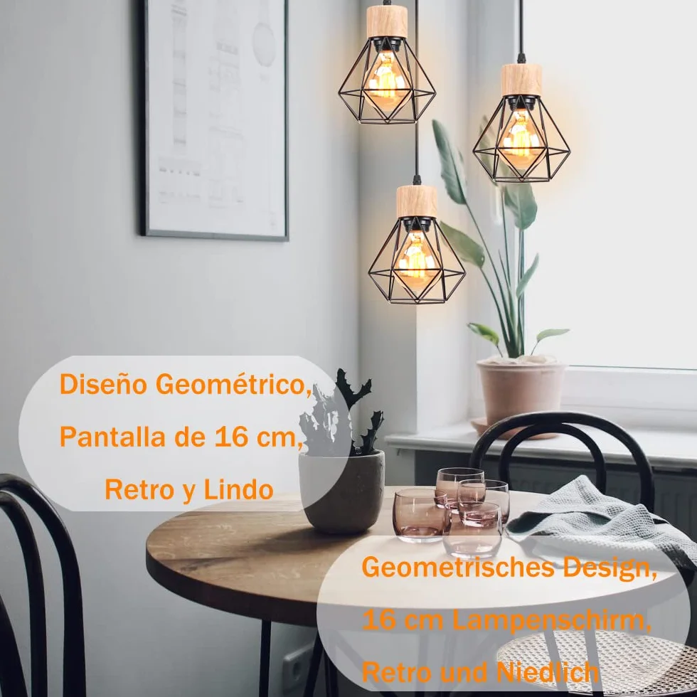 3 światła lampa wisząca vintage 16 cm retro lampy sufitowe konstrukcja czarna drewniana lampa wisząca żelazo E27 oświetlenie sufitowe do sypialni jadalni kuchni (pająk 3 światła A)