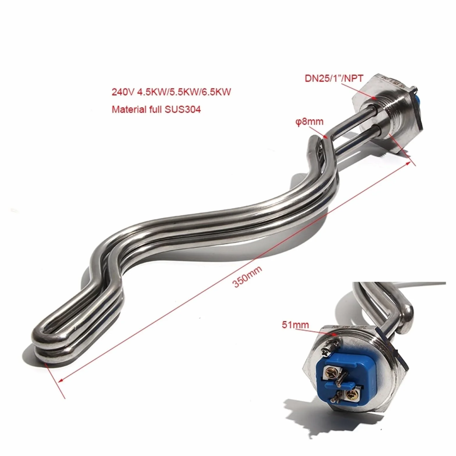 Element grzejny zanurzeniowy do wody 240 V, składany, rurowy element parzenia z gwintem NPT 1 cal 32 mm(4500W 350mmL)