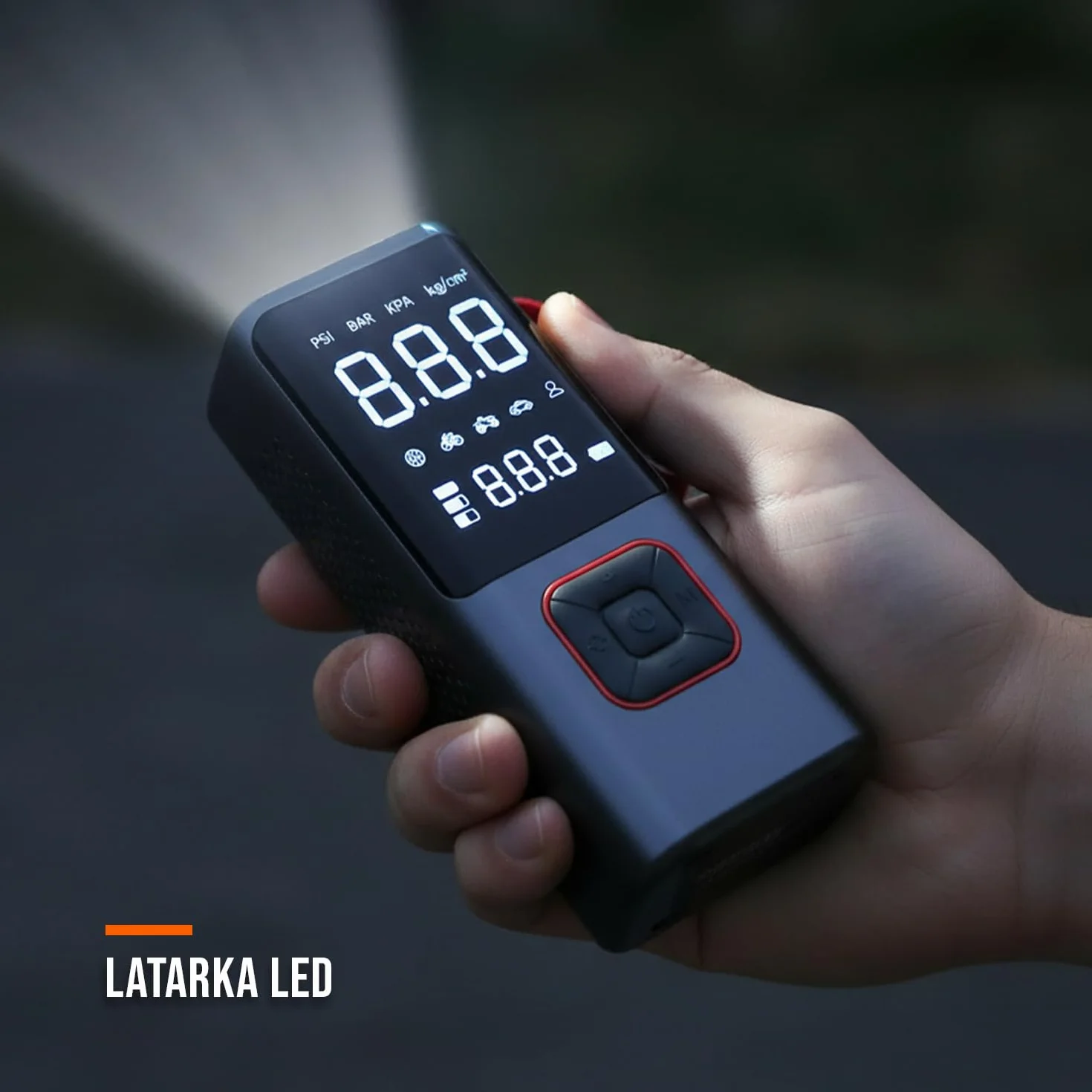 Kompresor Akumulatorowy 80W 7800mAh, Przenośna Pompka 150 PSI do Opon Auta, Roweru (Presta), Motocykla, Piłek i Materacy, Wyświetlacz LCD, Auto Stop, Latarka LED, Ładowanie USB-C, Kompaktowa Pompa
