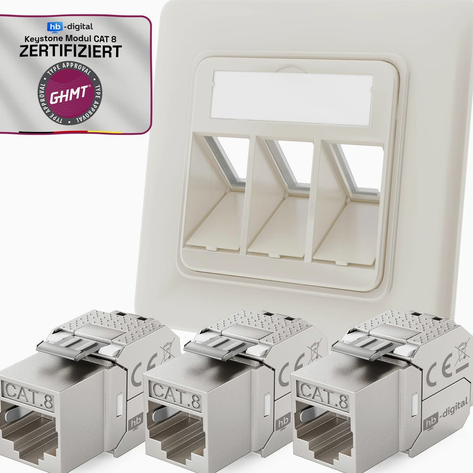 hb-digital 3-portowe gniazdo sieciowe CAT 8 podtynkowe RAL9010 + 3X GHMT certyfikowane CAT 8 Keystone RJ45 moduł LAN Ethernet Keystone puszka gniazdo do zabudowy maks. 40 Gbit/s STP - czysta biel