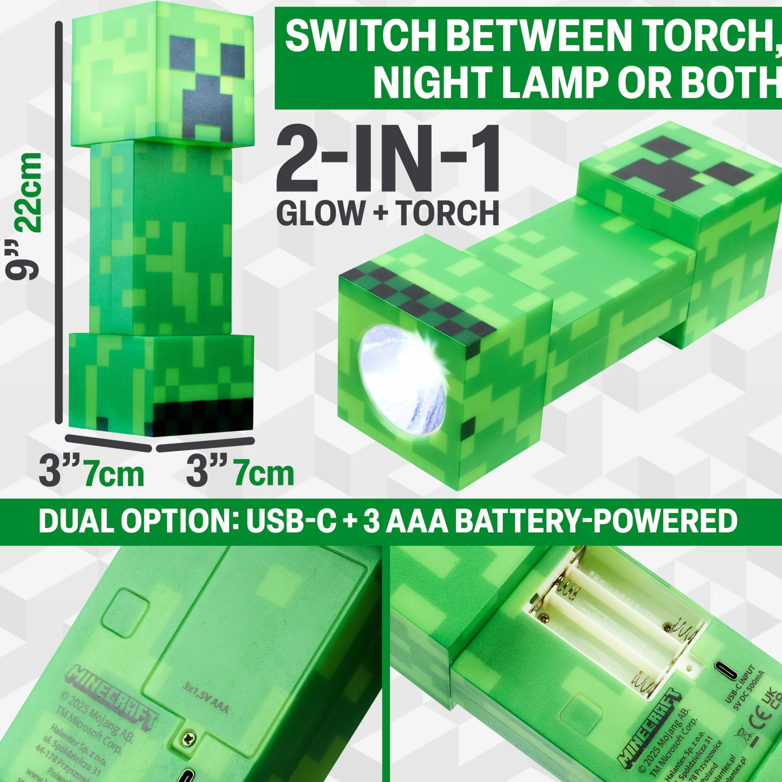 Minecraft Creeper latarka nocna dla dzieci, latarka 2 w 1 i lampa z zasilaniem USB i baterią, dekoracja sypialni, oświetlenie biurkowe, prezenty dla graczy dla chłopców