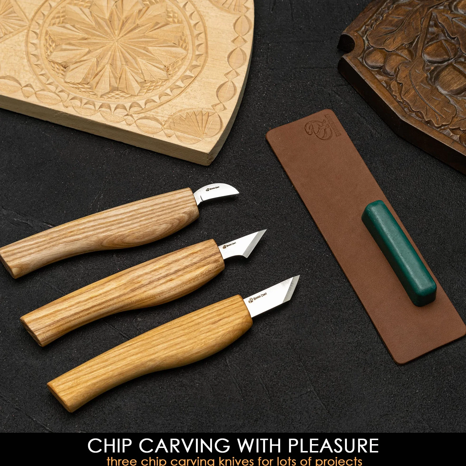 BeaverCraft Zestaw noży rzeźbionych w drewnie S55 – zestaw do Whittling dla początkujących z nożami ze szczegółowymi chipami i skórzanym paskiem, narzędzia Whittling, hobby dla mężczyzn